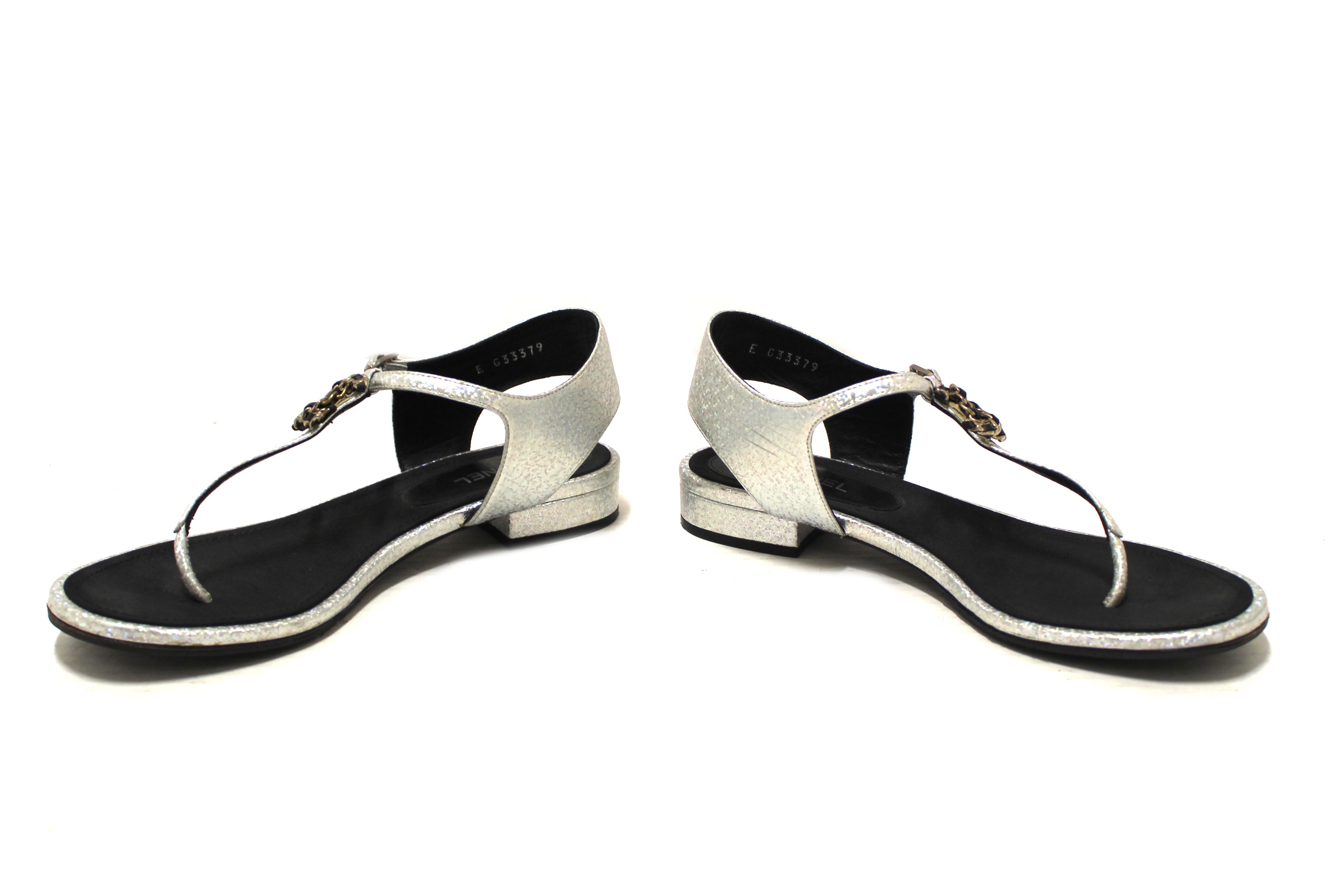 Authentic Chanel Silver Glitter Leather CC Thong Sandals Size 38