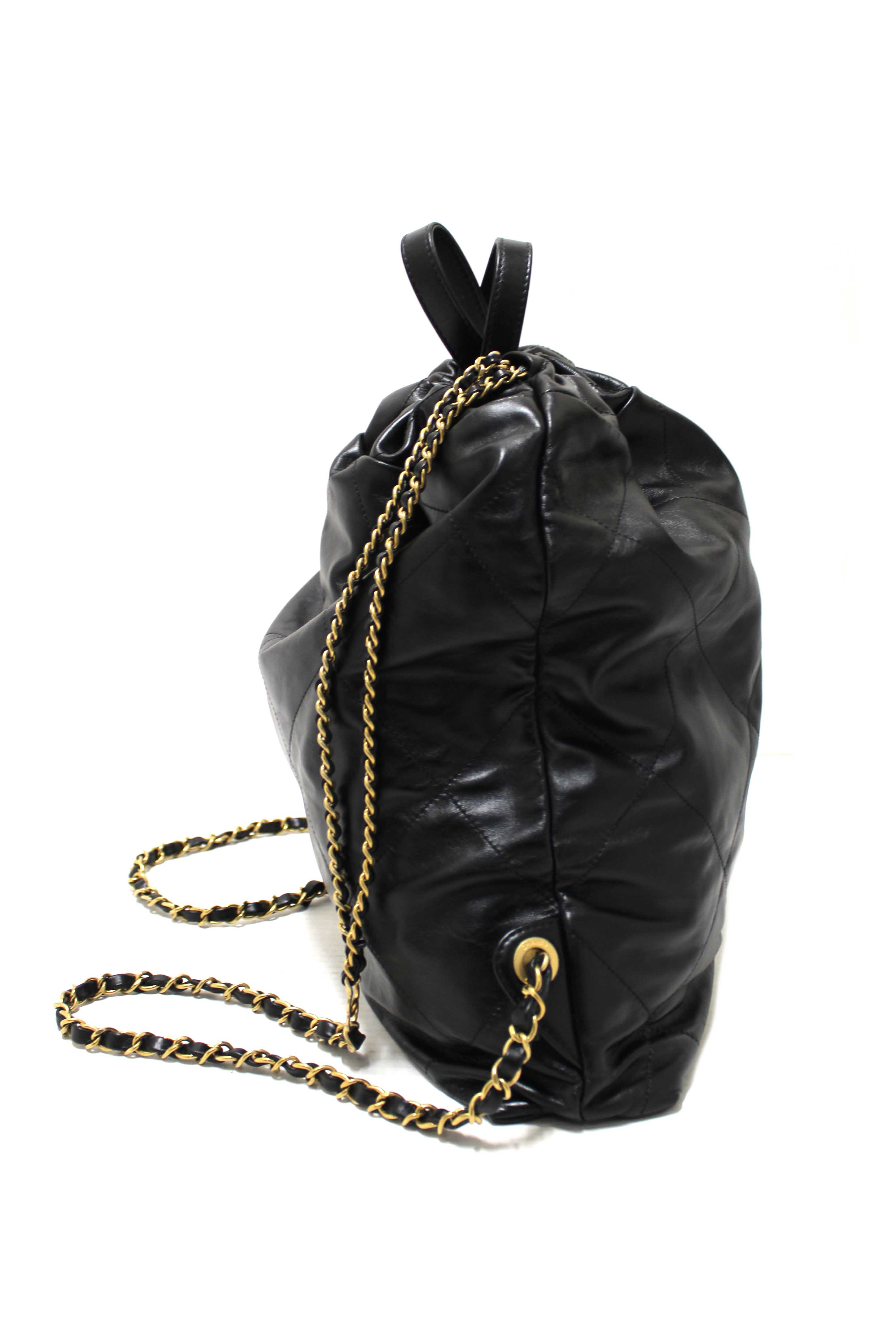Authentic Chanel Black Chanel 22 Calfskin Leather Drawstring Chain Backpack