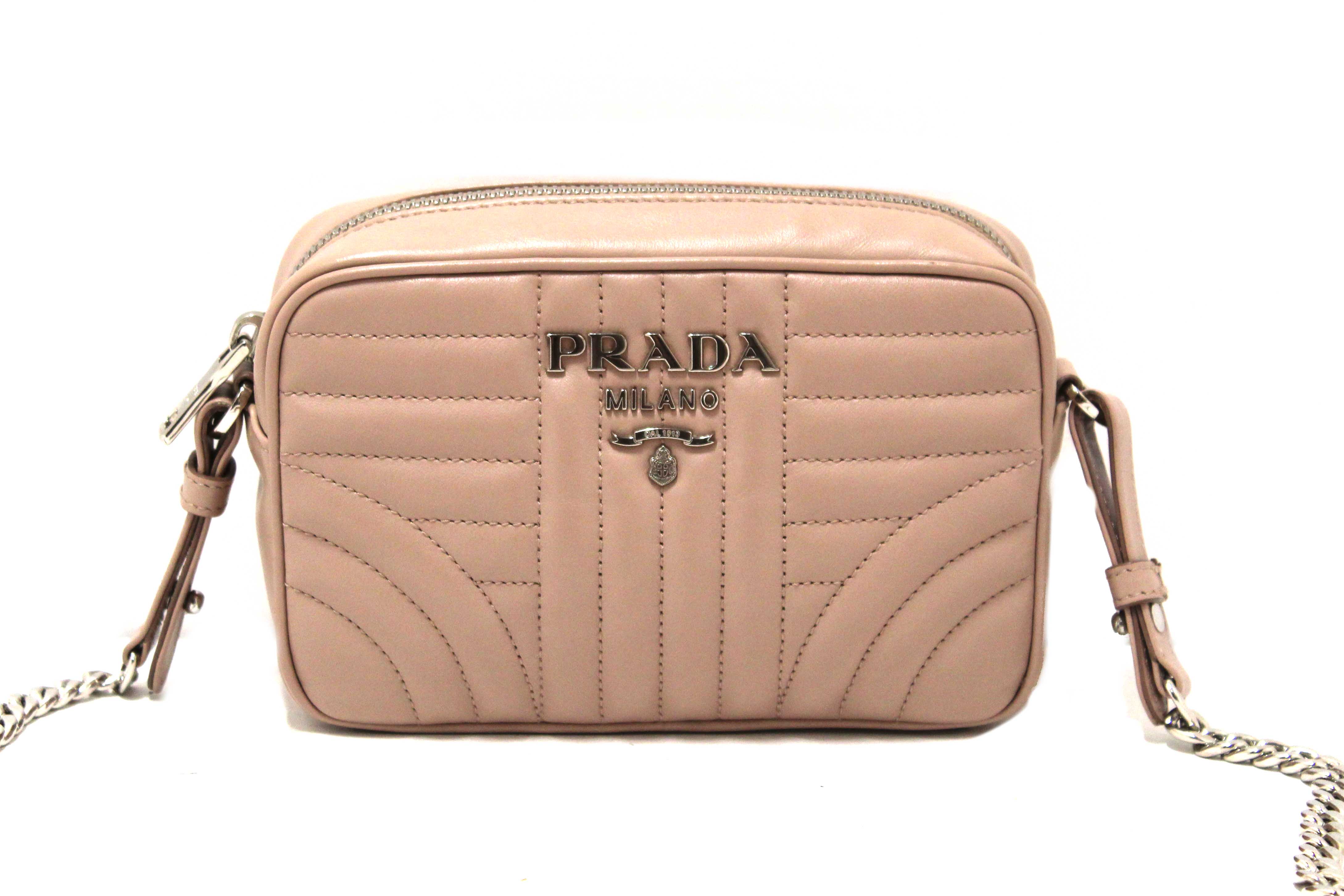 Authentic Prada Camera Diagramme Mini Pink Quilted Crossbody Bag