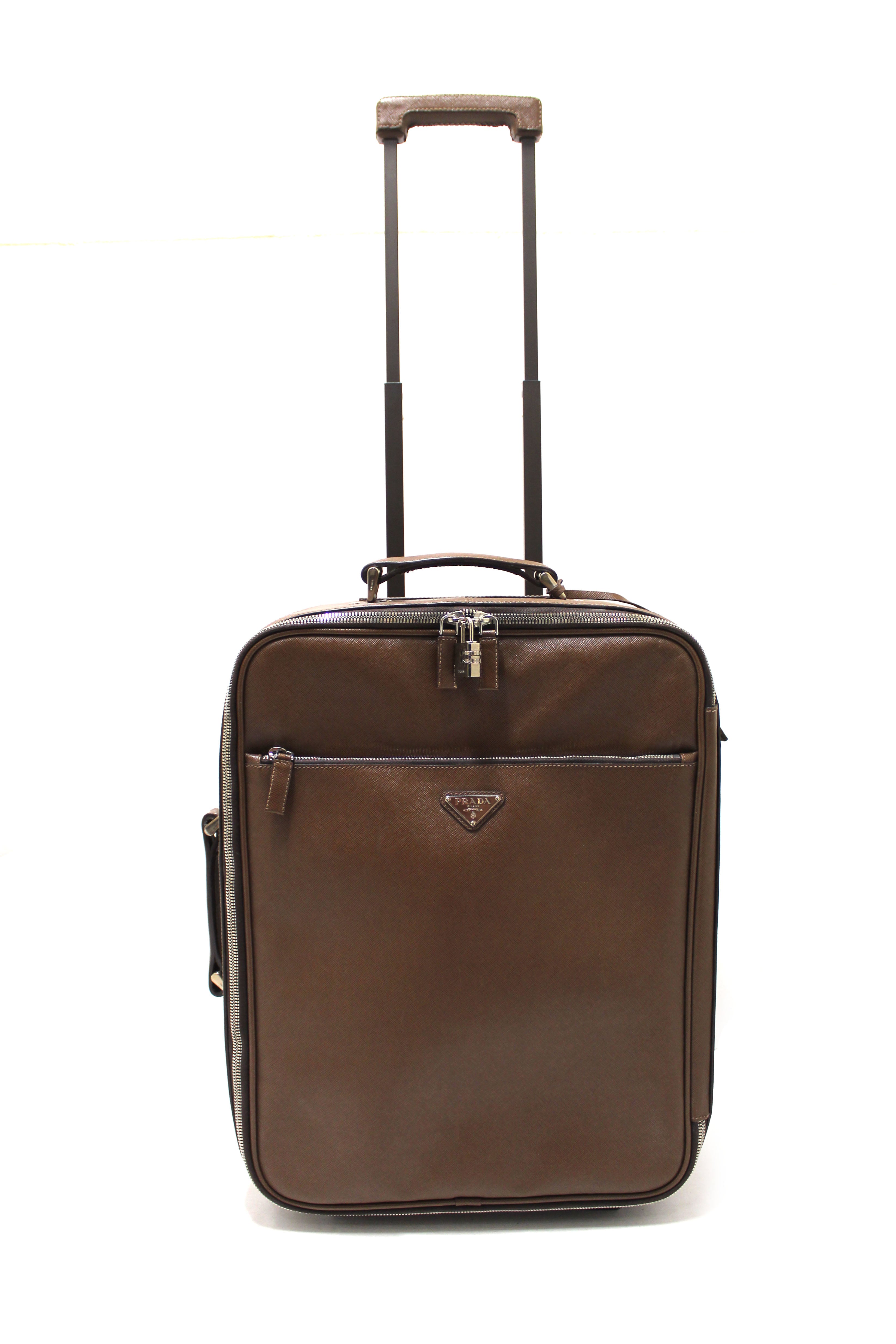 Authentic Prada Brown Saffiano Leather Travel Trolley Rolling Luggage