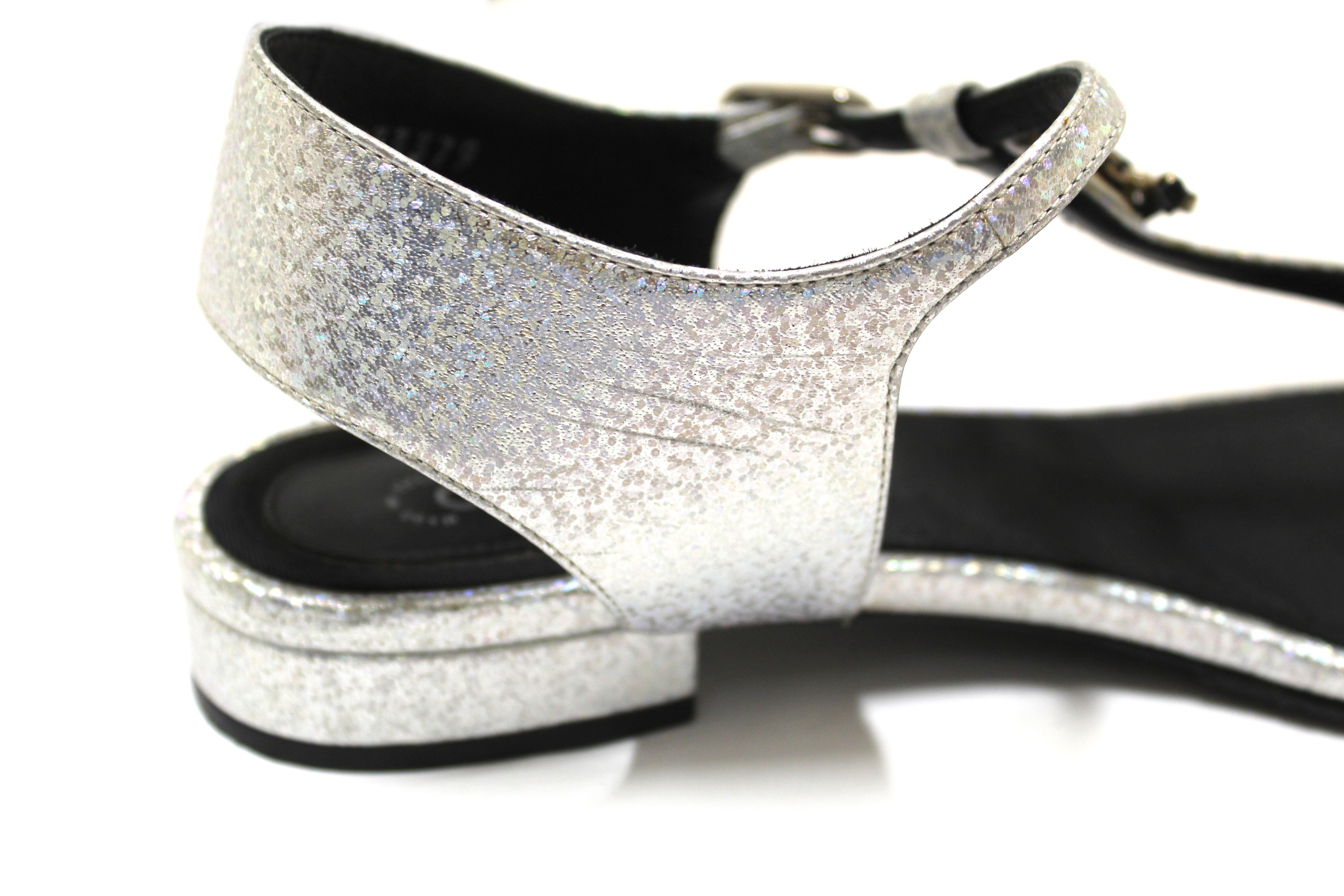 Authentic Chanel Silver Glitter Leather CC Thong Sandals Size 38