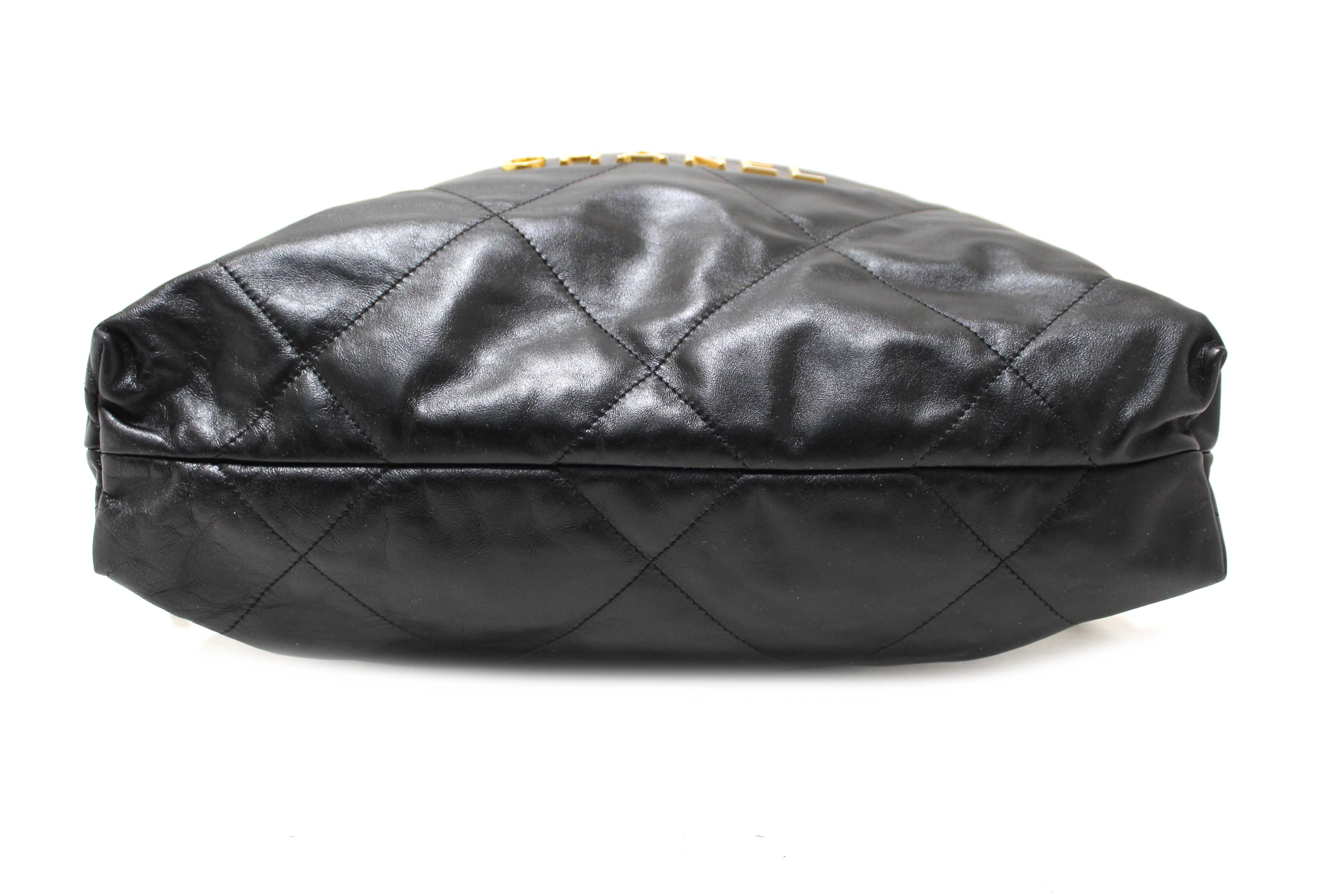 Authentic Chanel Black Chanel 22 Calfskin Leather Drawstring Chain Backpack