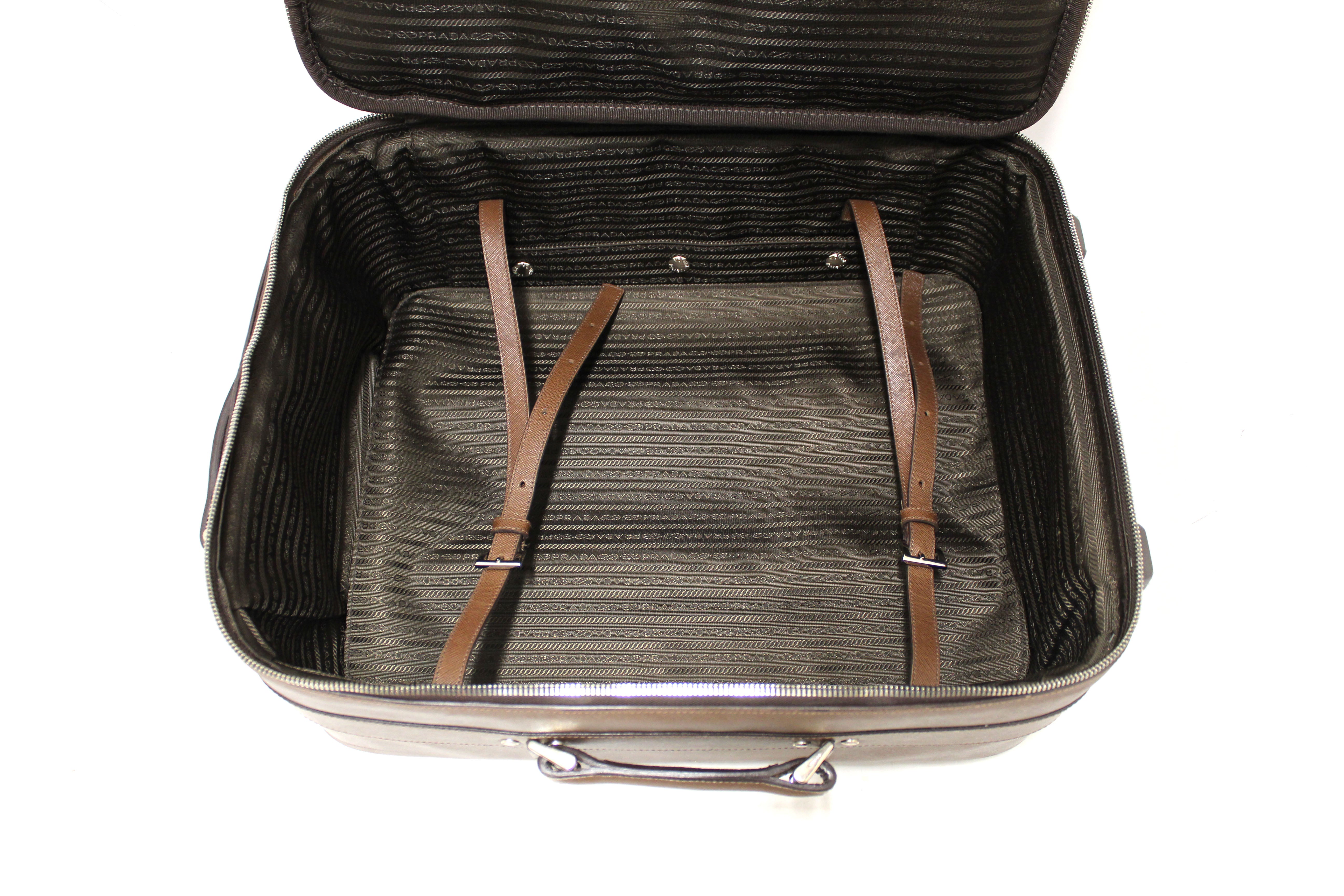 Authentic Prada Brown Saffiano Leather Travel Trolley Rolling Luggage