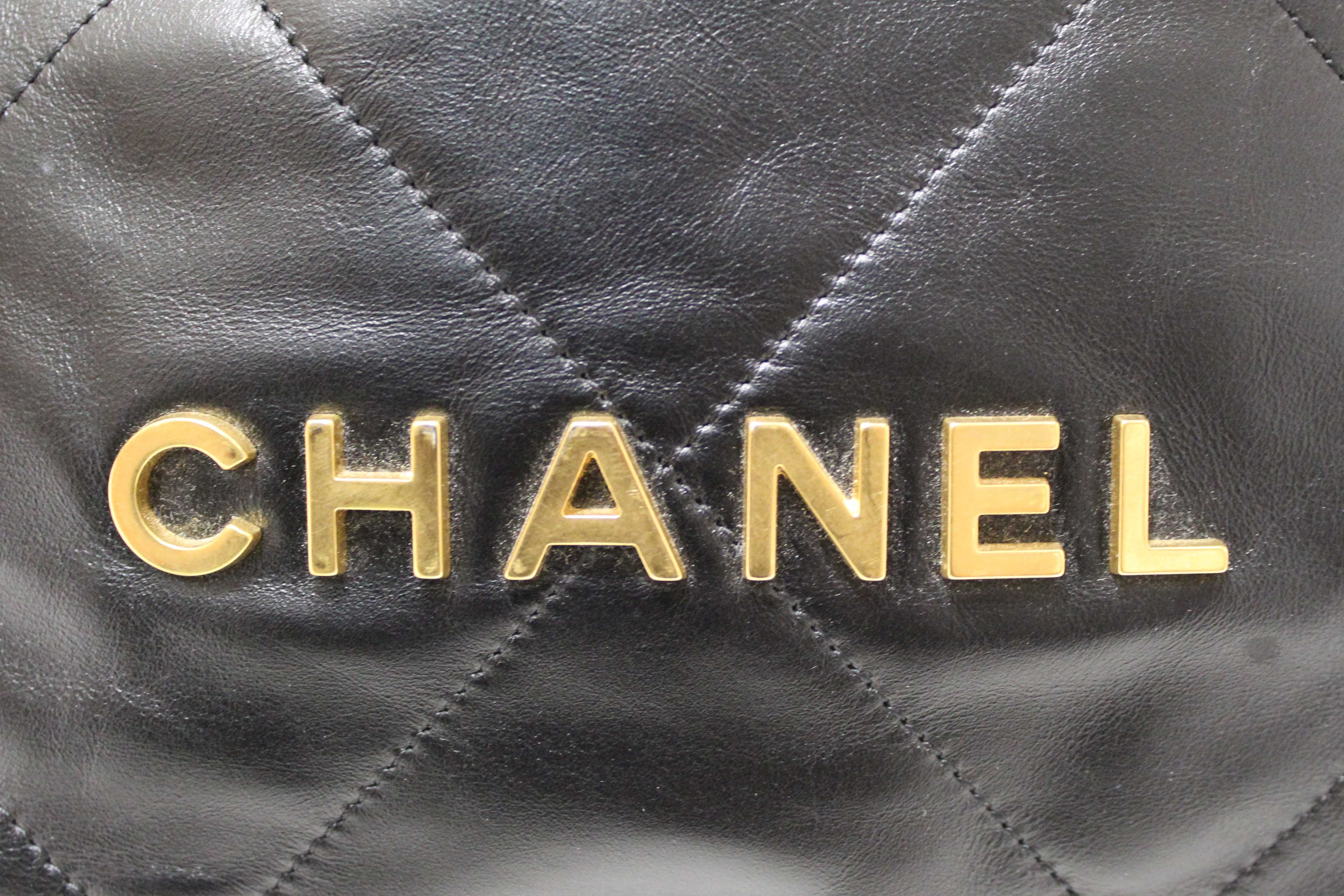 Authentic Chanel Black Chanel 22 Calfskin Leather Drawstring Chain Backpack