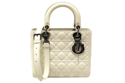 Authentic Christian Dior White Cannage Lambskin Medium Lady Dior Bag