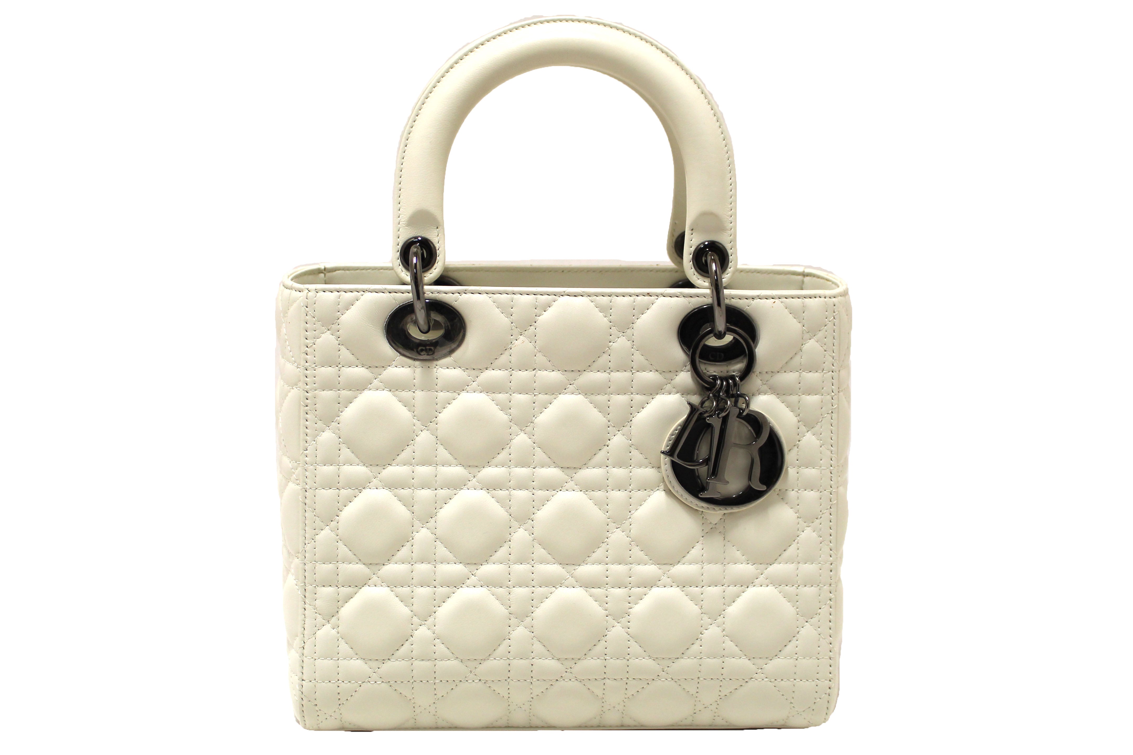 Authentic Christian Dior White Cannage Lambskin Medium Lady Dior Bag