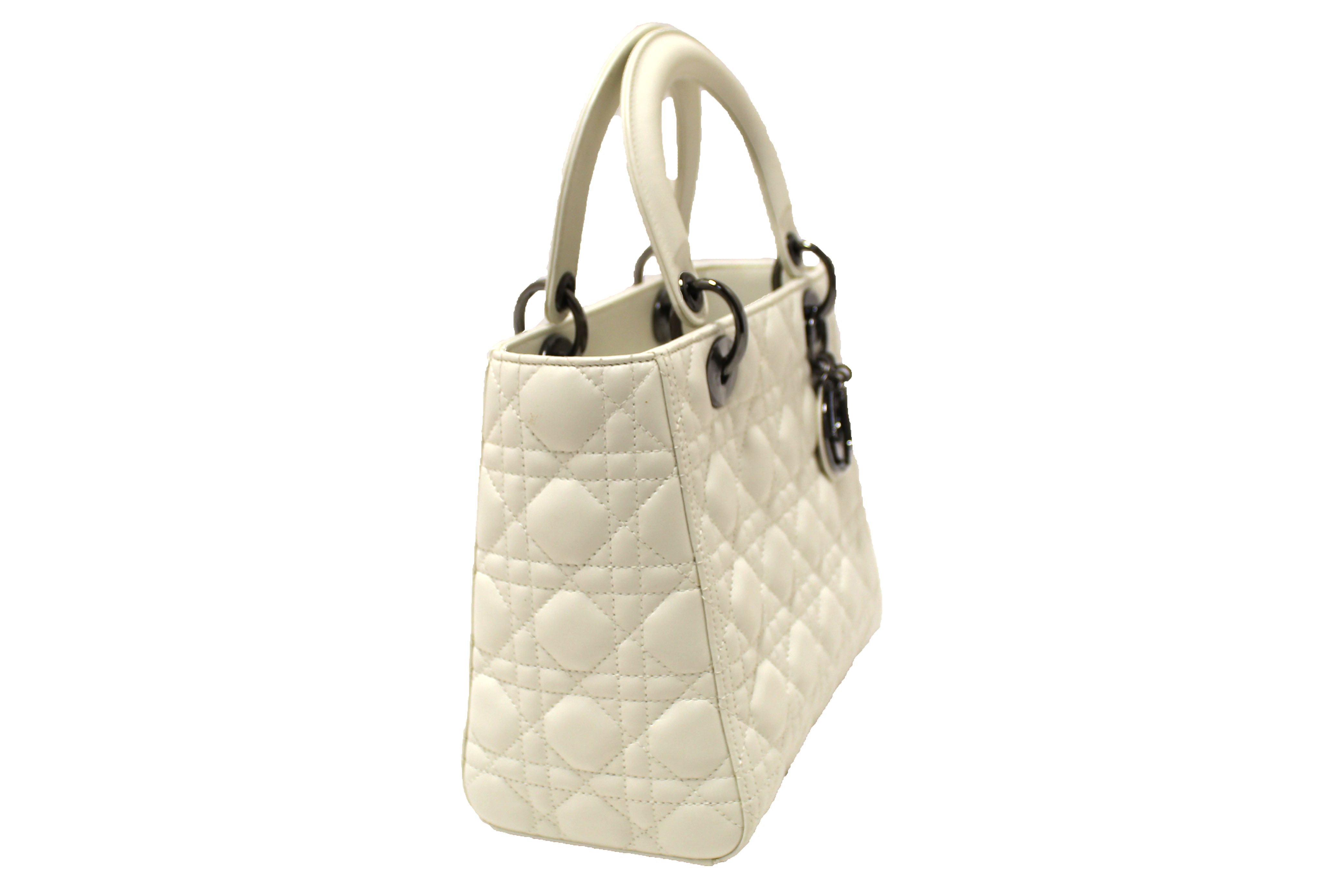 Authentic Christian Dior White Cannage Lambskin Medium Lady Dior Bag