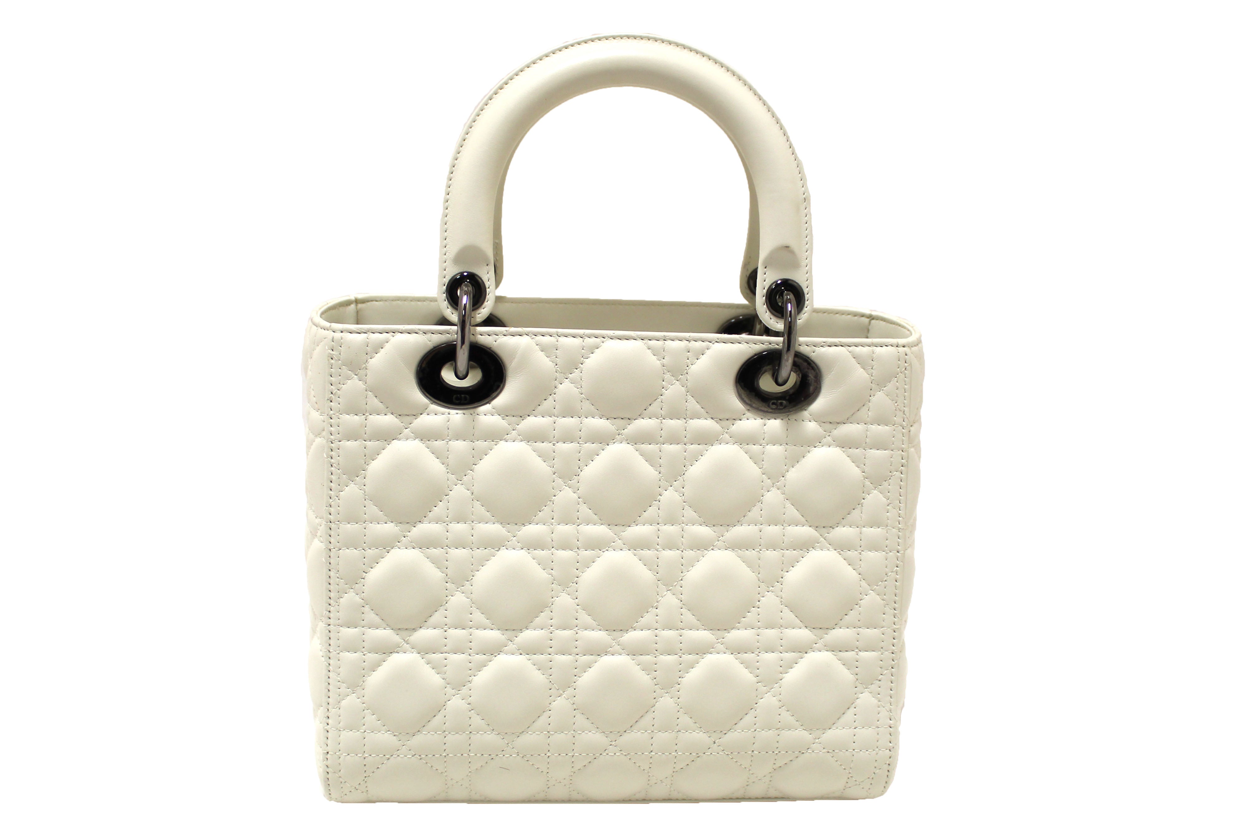 Authentic Christian Dior White Cannage Lambskin Medium Lady Dior Bag