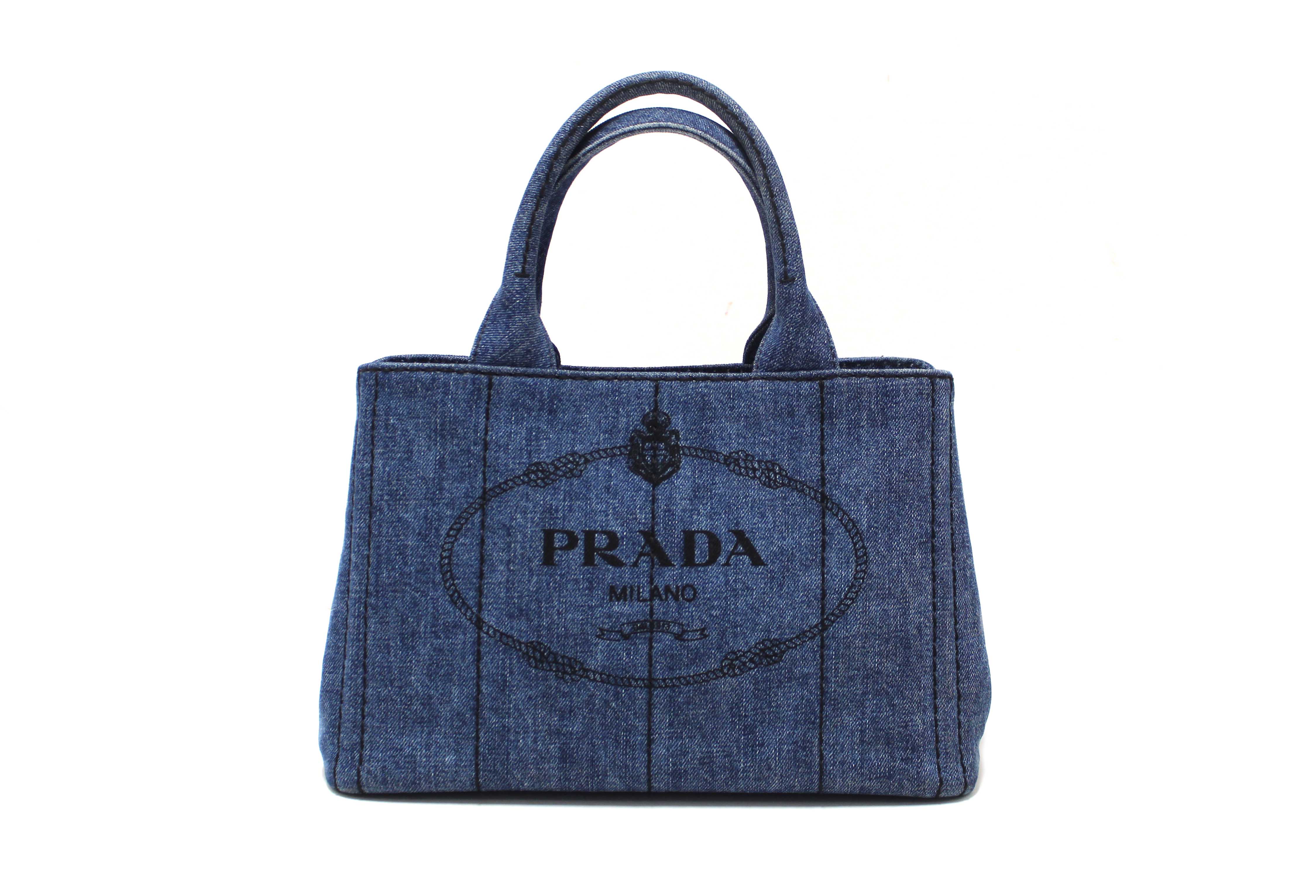 Authentic Prada Blue Denim Small Canapa Canvas Tote Bag With Long Strap