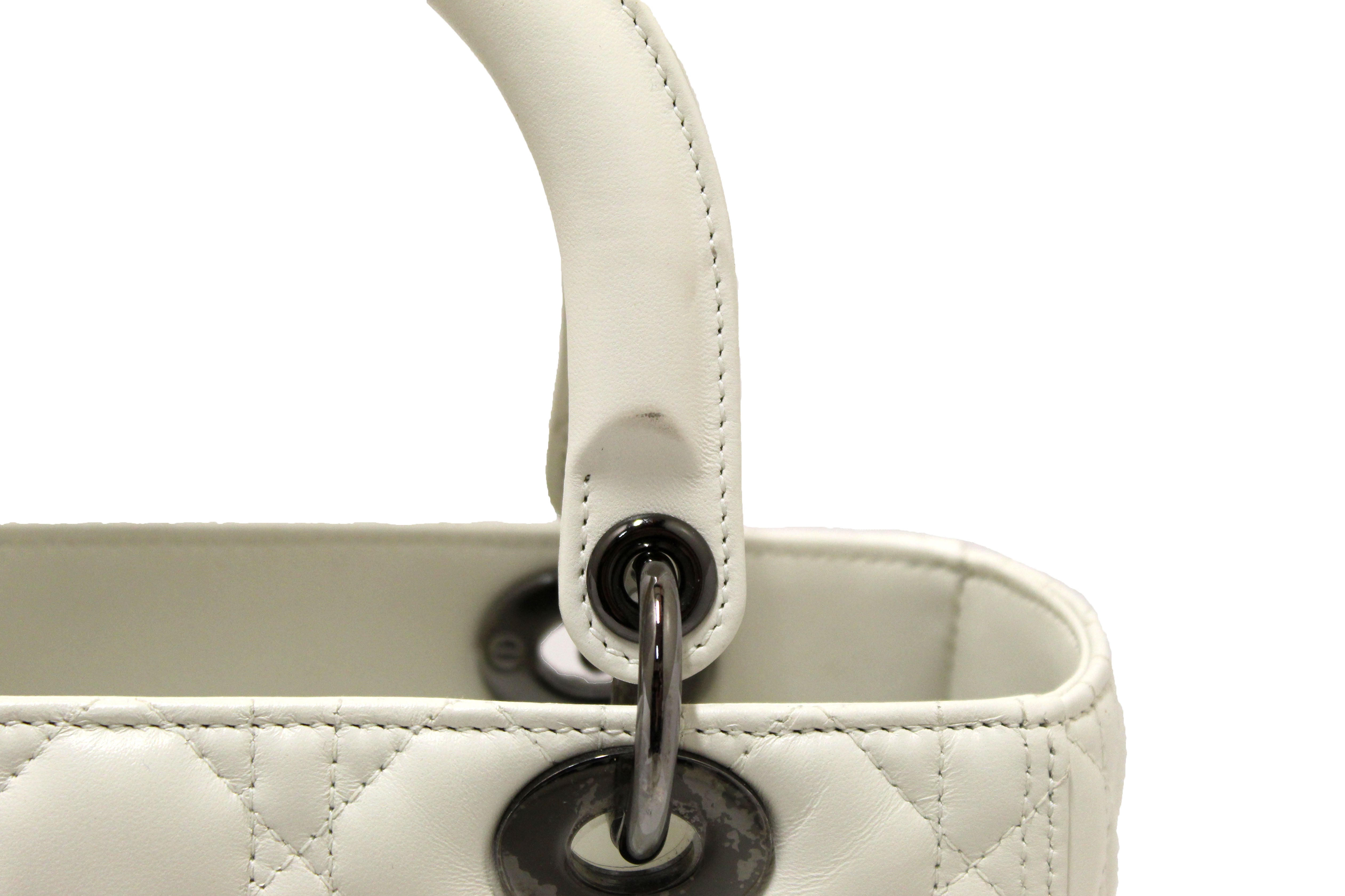 Authentic Christian Dior White Cannage Lambskin Medium Lady Dior Bag