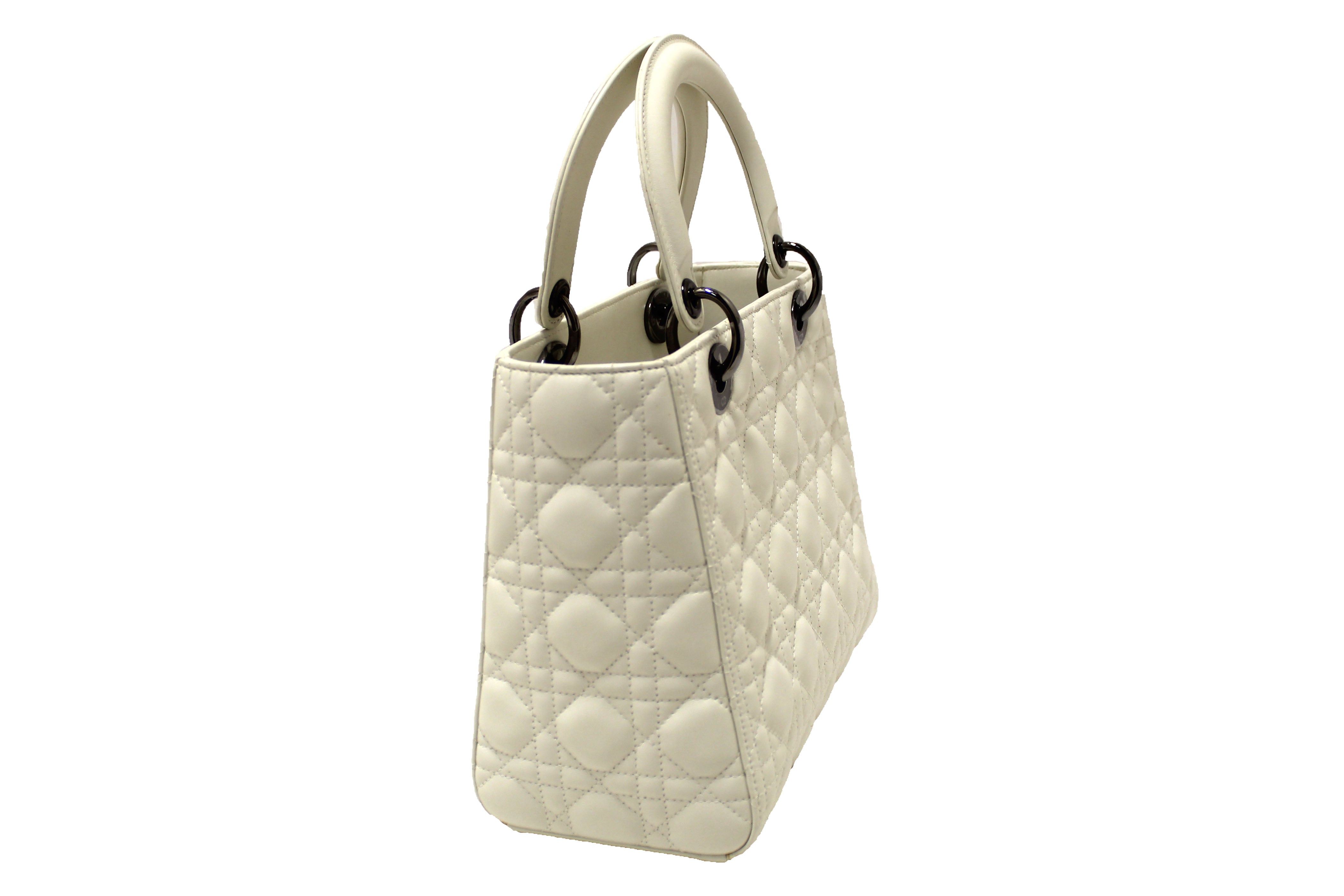 Authentic Christian Dior White Cannage Lambskin Medium Lady Dior Bag