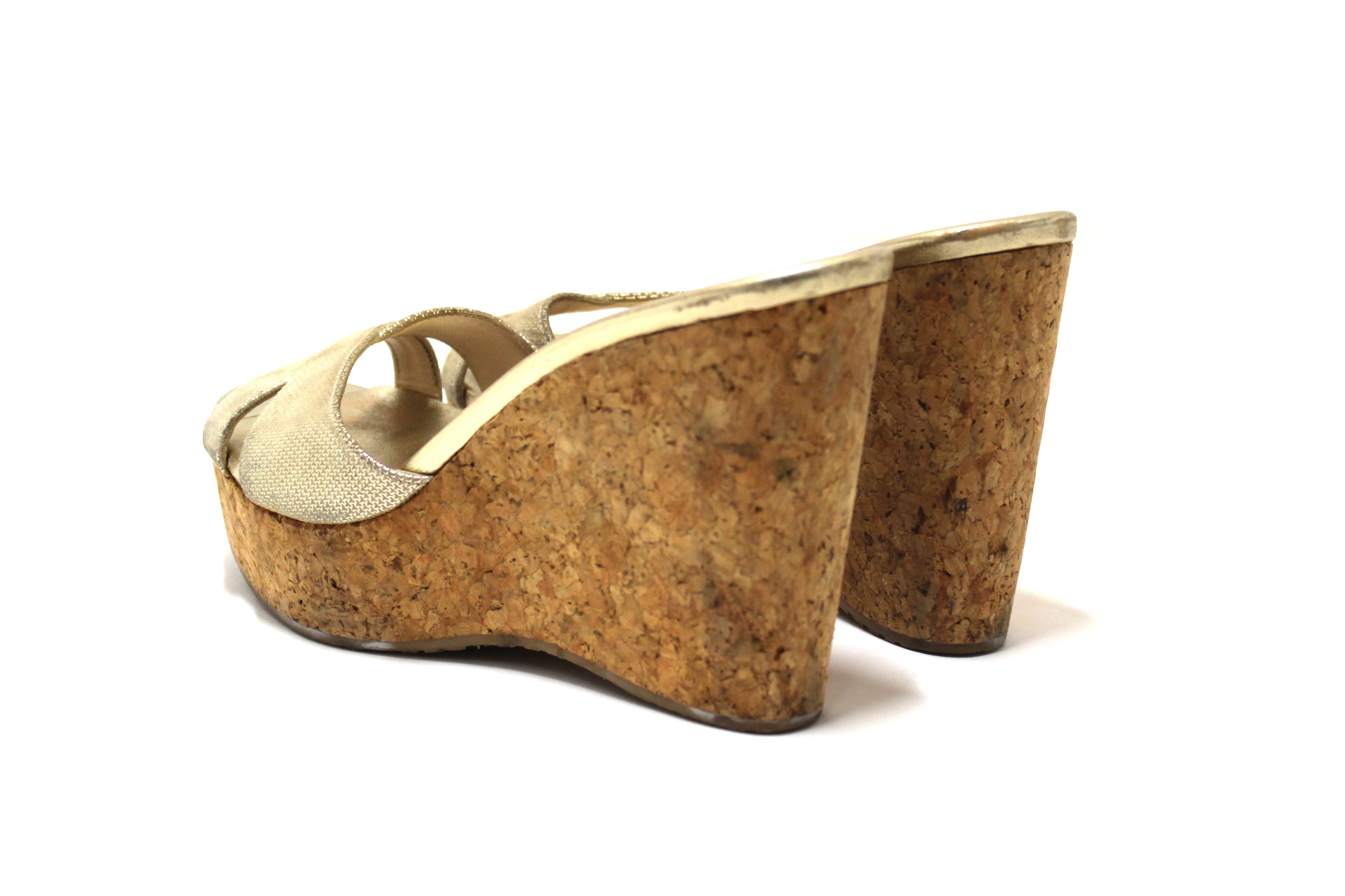 Jimmy Choo Gold Leather and Cork Wedge Platform Heel Shoes Size 38