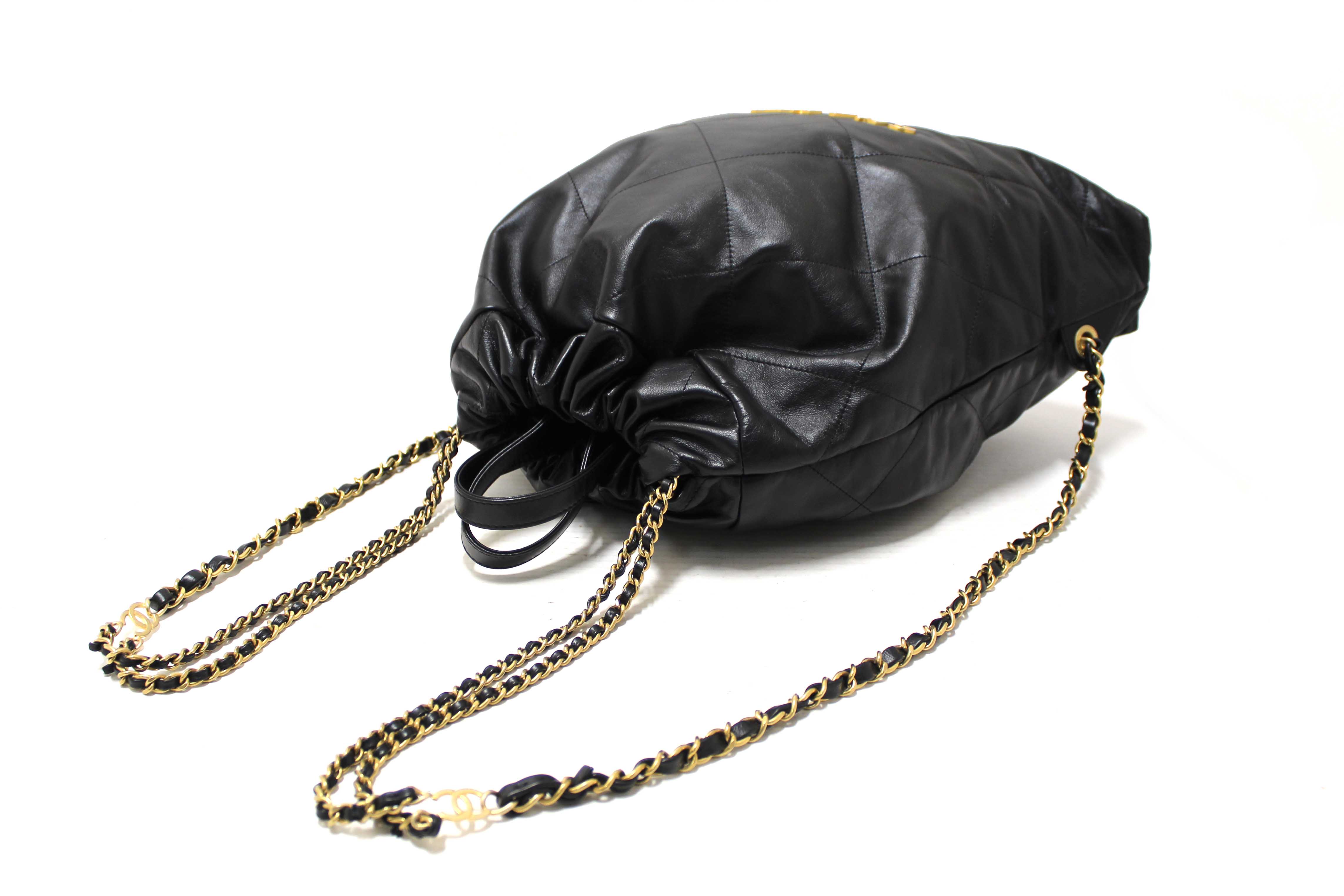 Authentic Chanel Black Chanel 22 Calfskin Leather Drawstring Chain Backpack