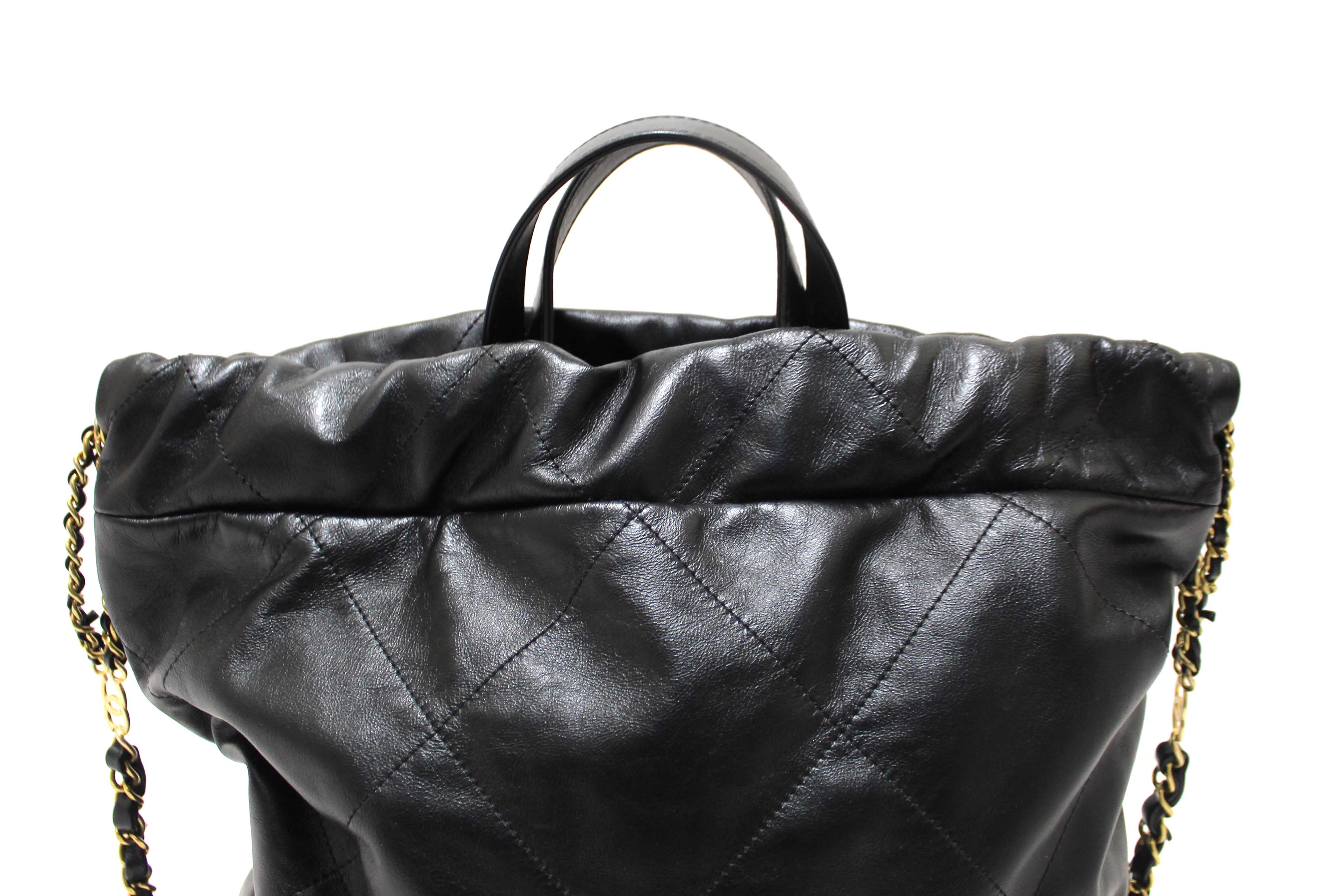 Authentic Chanel Black Chanel 22 Calfskin Leather Drawstring Chain Backpack