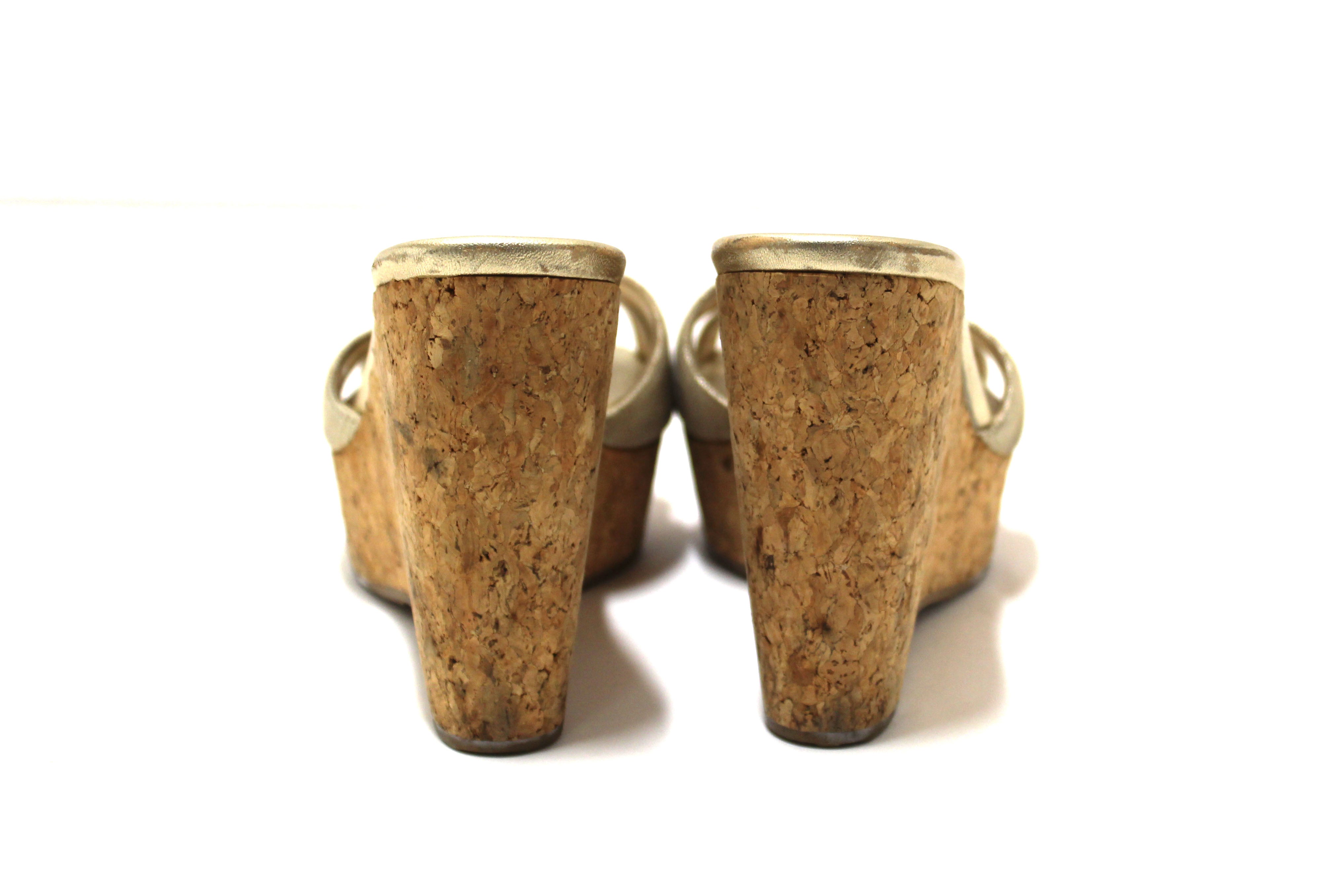Jimmy Choo Gold Leather and Cork Wedge Platform Heel Shoes Size 38