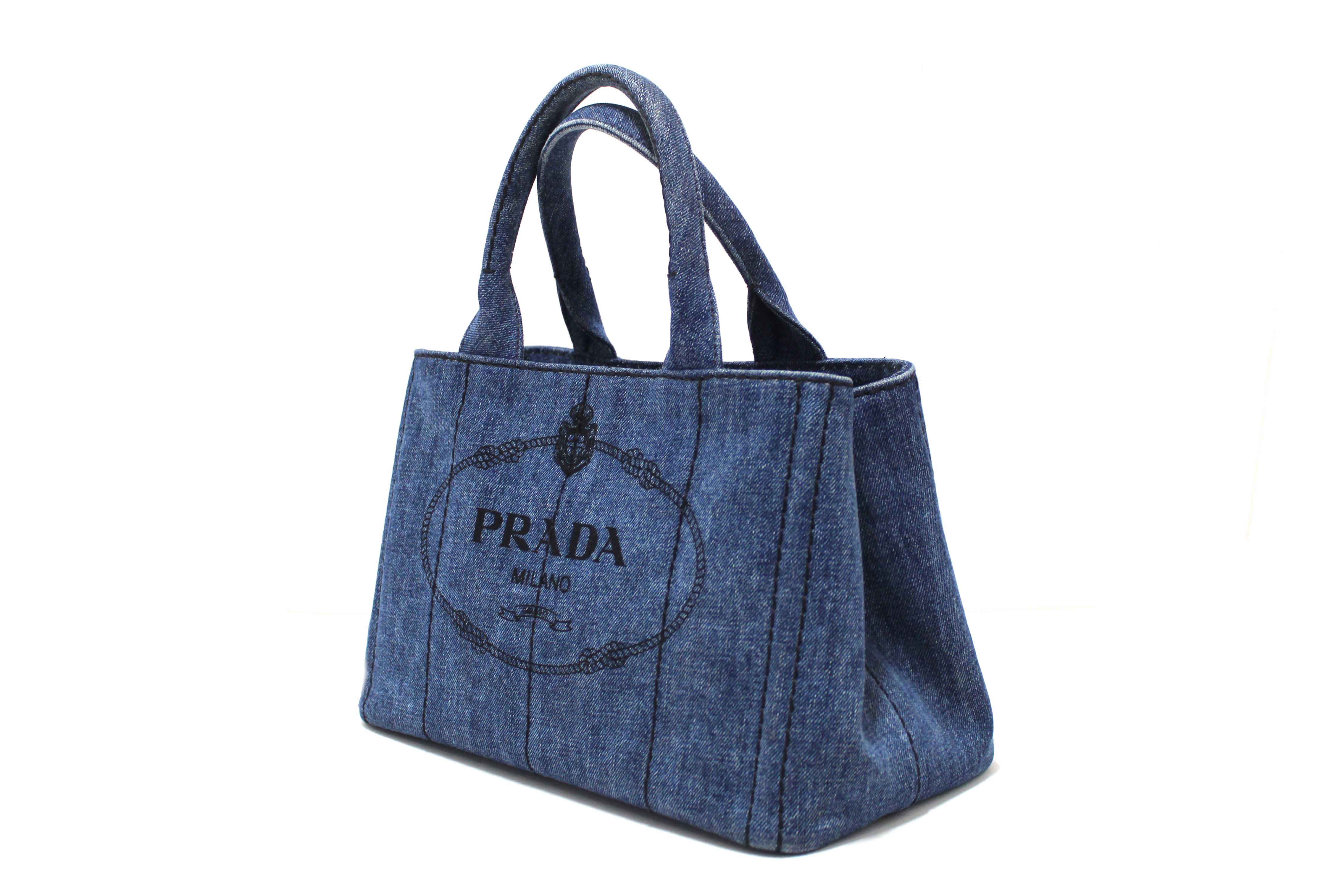 Authentic Prada Blue Denim Small Canapa Canvas Tote Bag With Long Strap