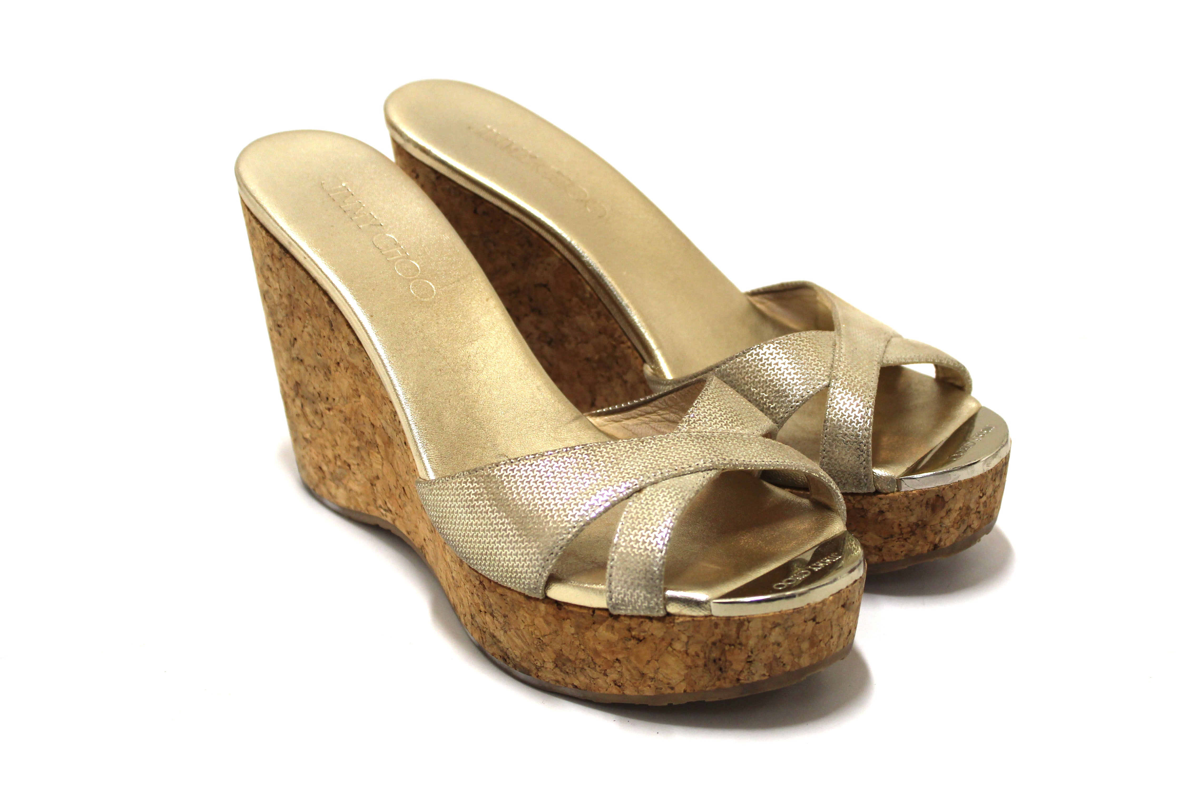 Jimmy Choo Gold Leather and Cork Wedge Platform Heel Shoes Size 38