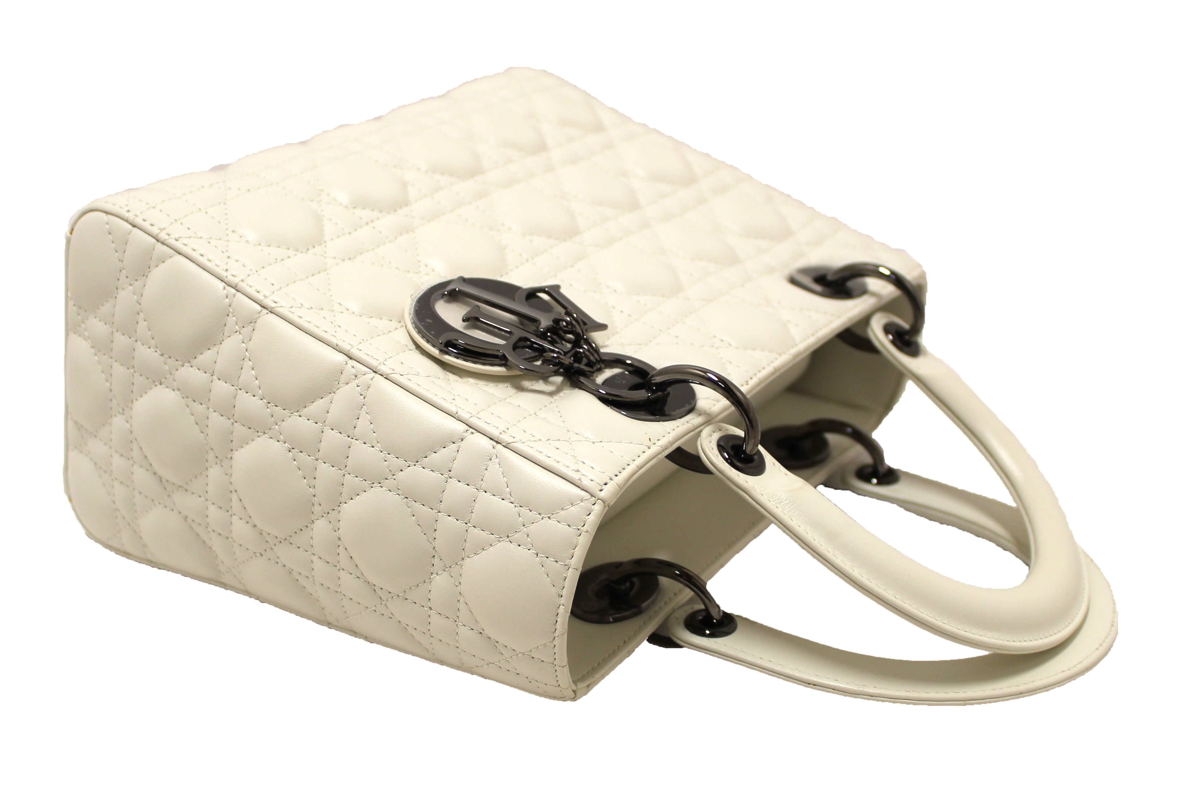 Authentic Christian Dior White Cannage Lambskin Medium Lady Dior Bag