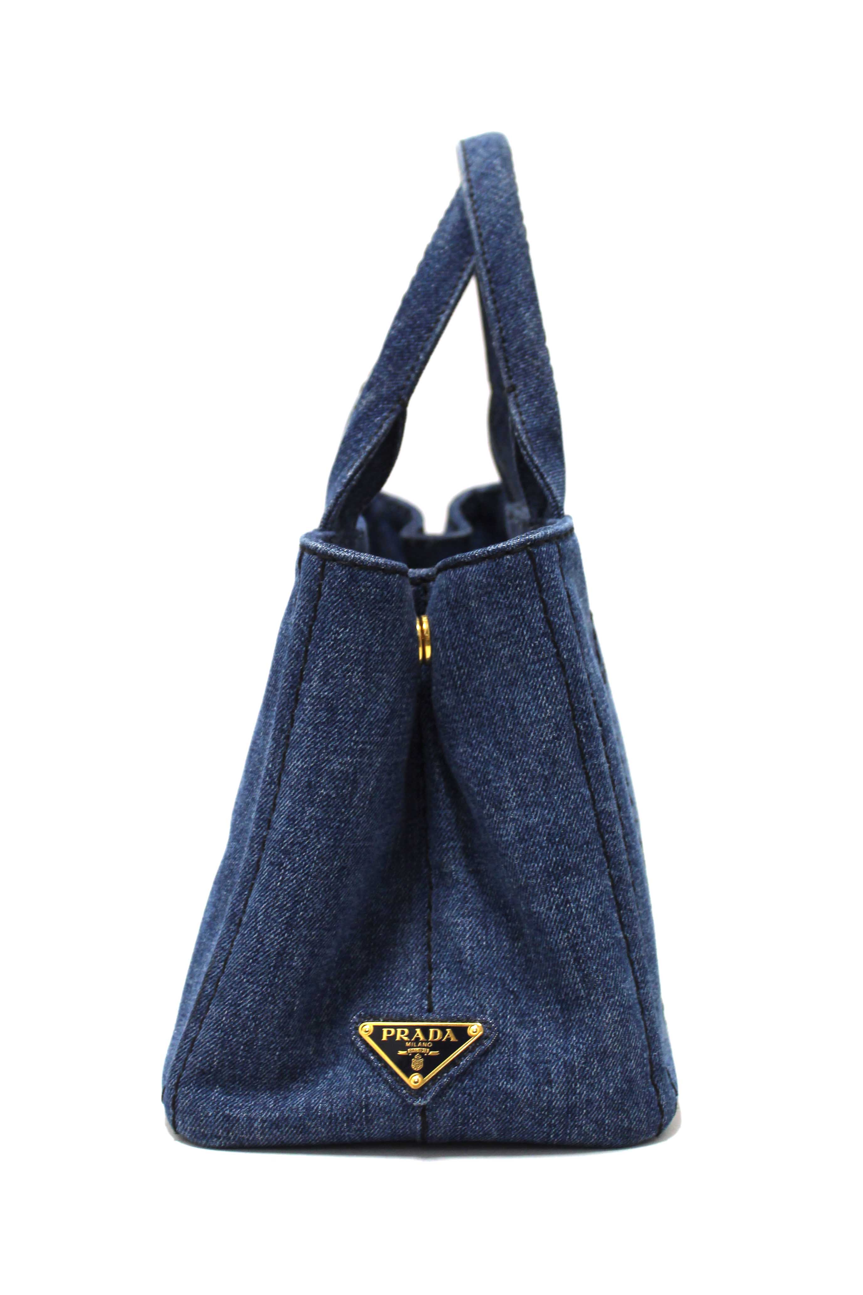 Authentic Prada Blue Denim Small Canapa Canvas Tote Bag With Long Strap