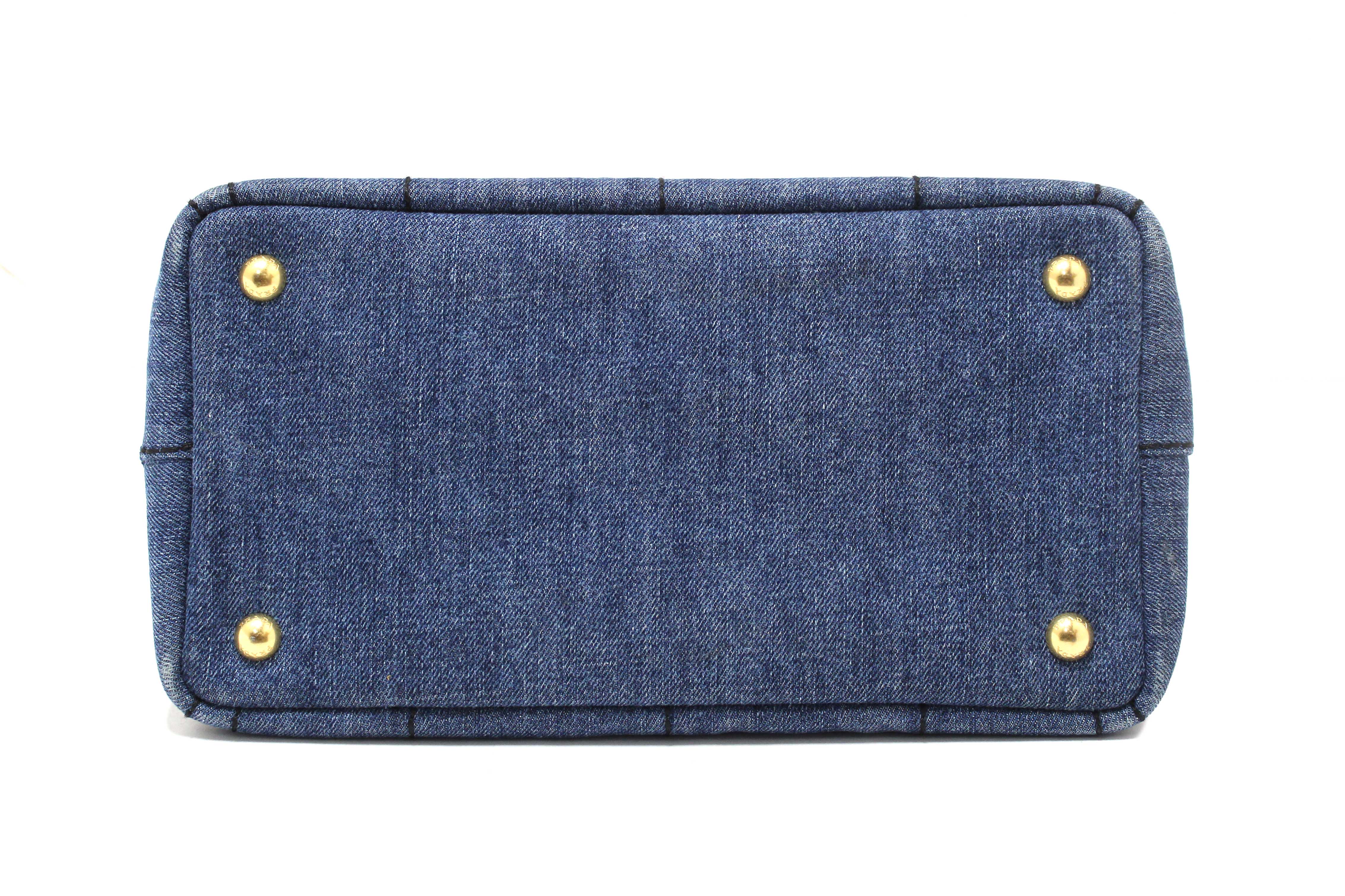 Authentic Prada Blue Denim Small Canapa Canvas Tote Bag With Long Strap