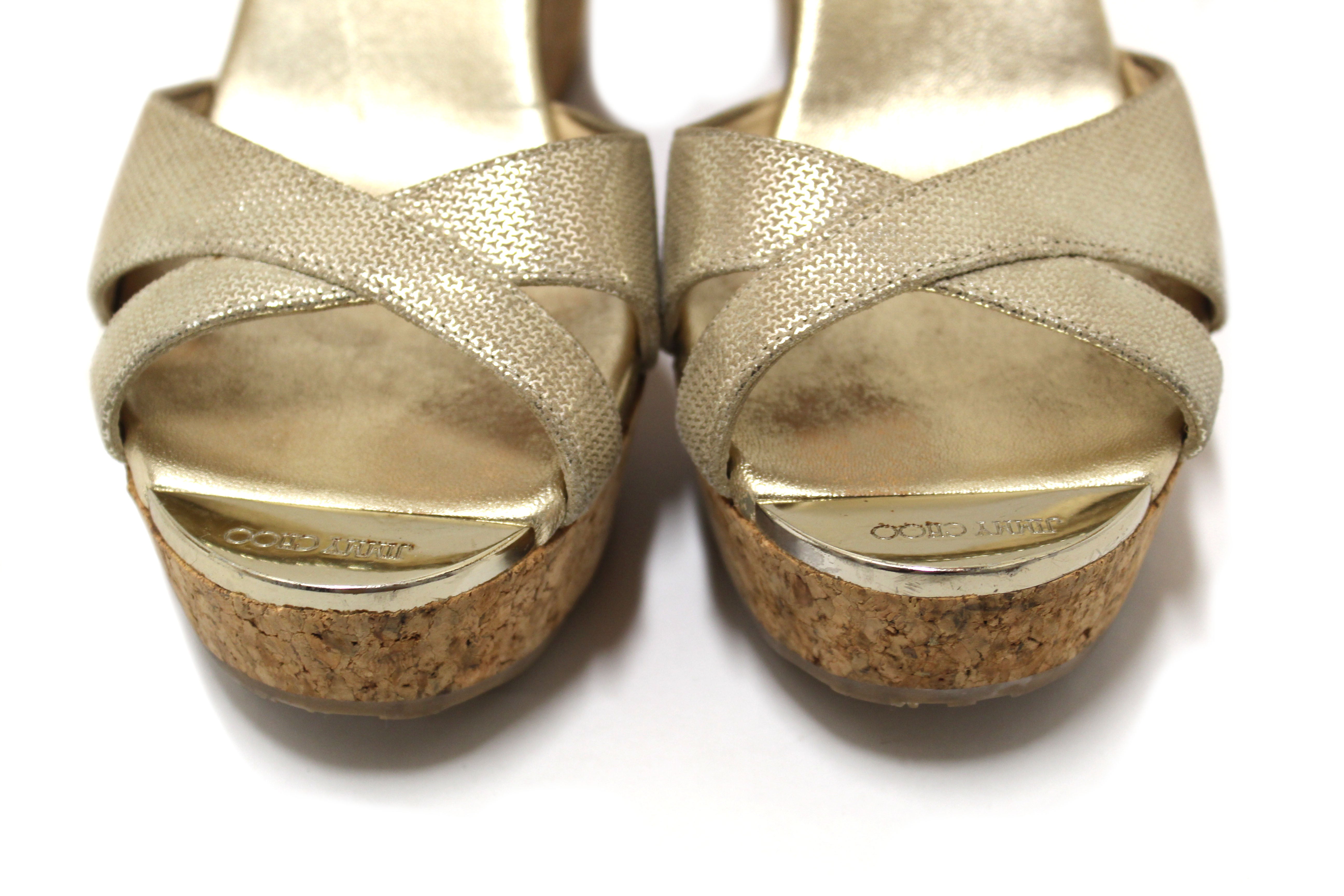 Jimmy Choo Gold Leather and Cork Wedge Platform Heel Shoes Size 38