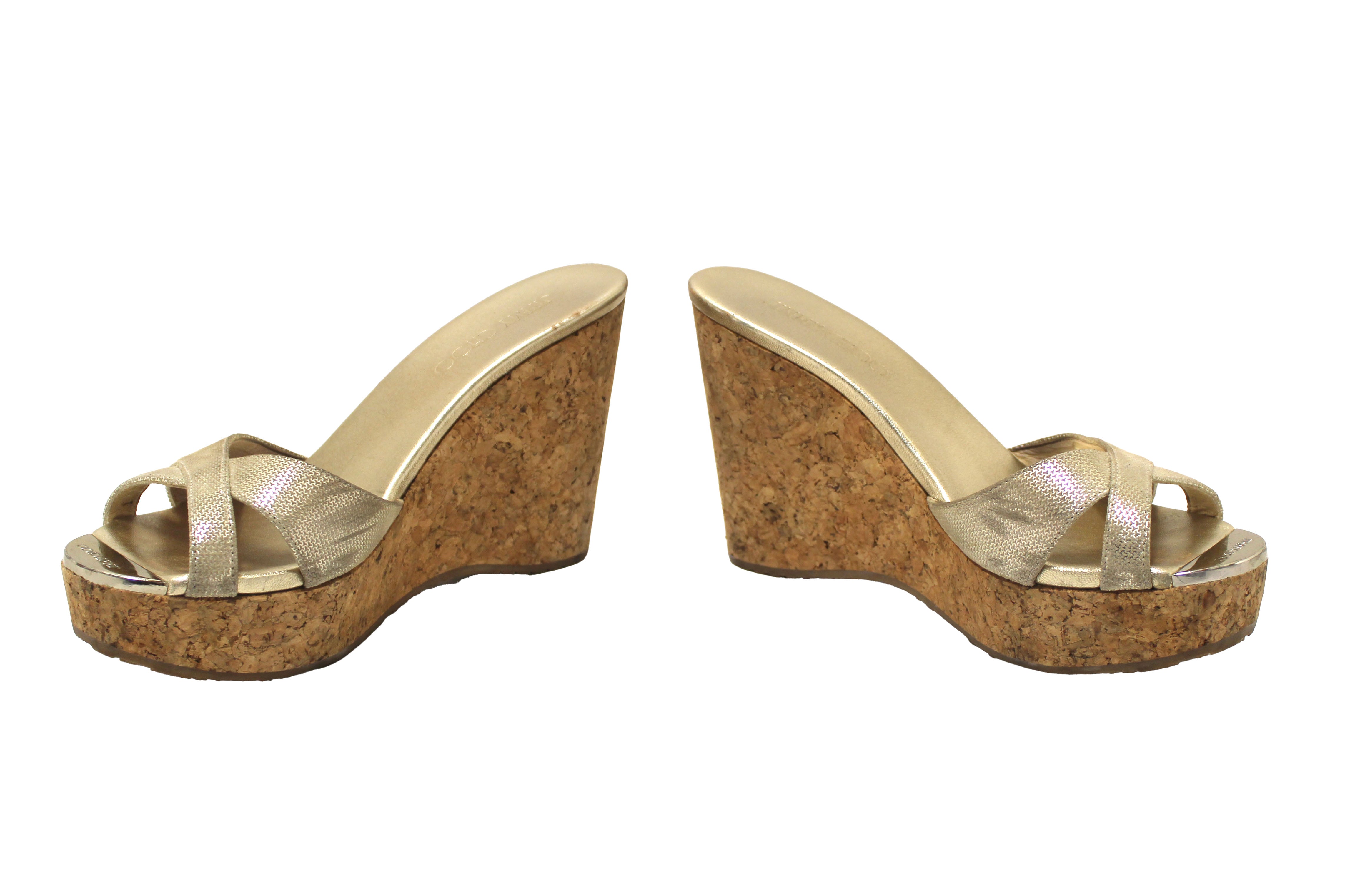 Jimmy Choo Gold Leather and Cork Wedge Platform Heel Shoes Size 38