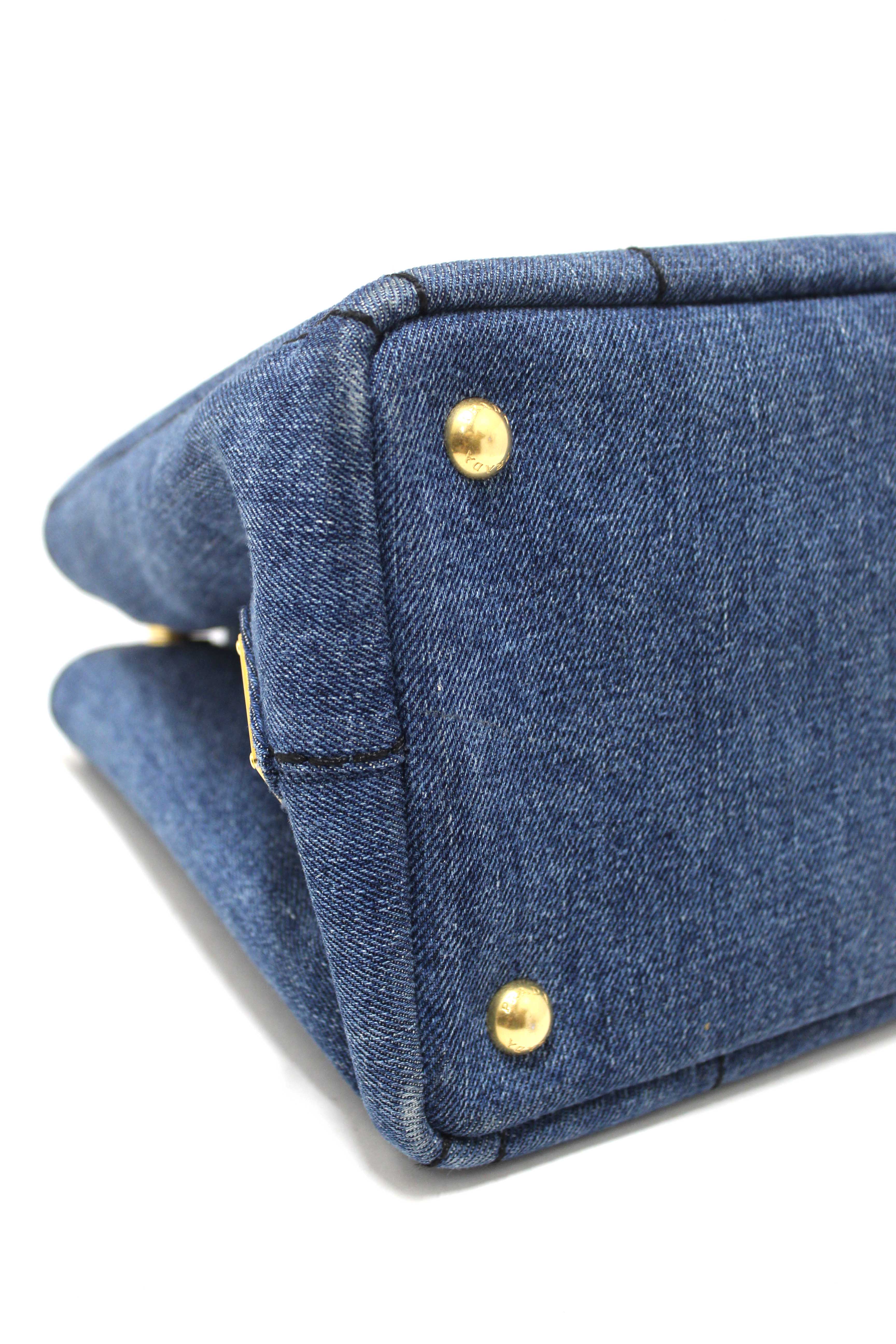 Authentic Prada Blue Denim Small Canapa Canvas Tote Bag With Long Strap