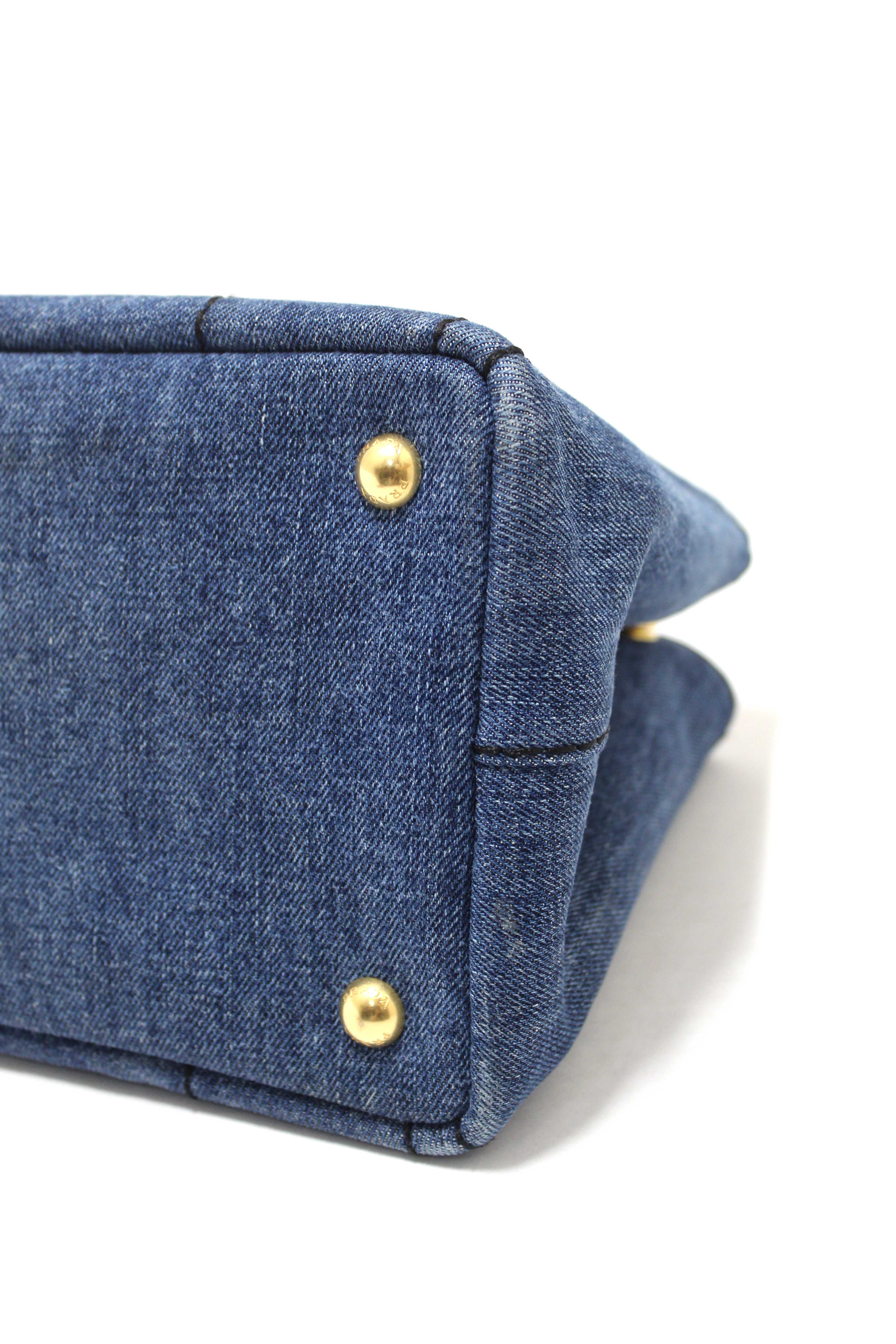 Authentic Prada Blue Denim Small Canapa Canvas Tote Bag With Long Strap