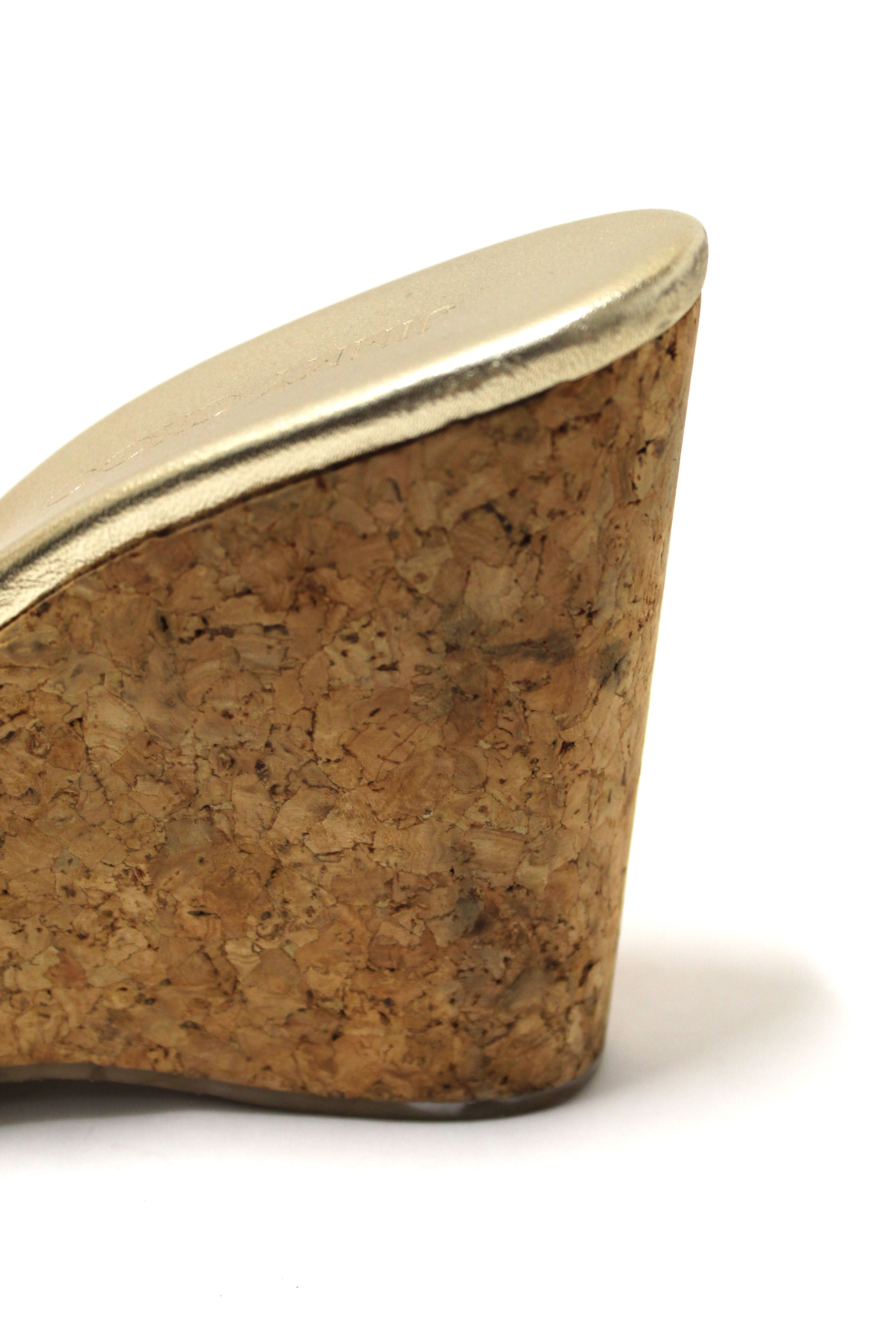 Jimmy Choo Gold Leather and Cork Wedge Platform Heel Shoes Size 38