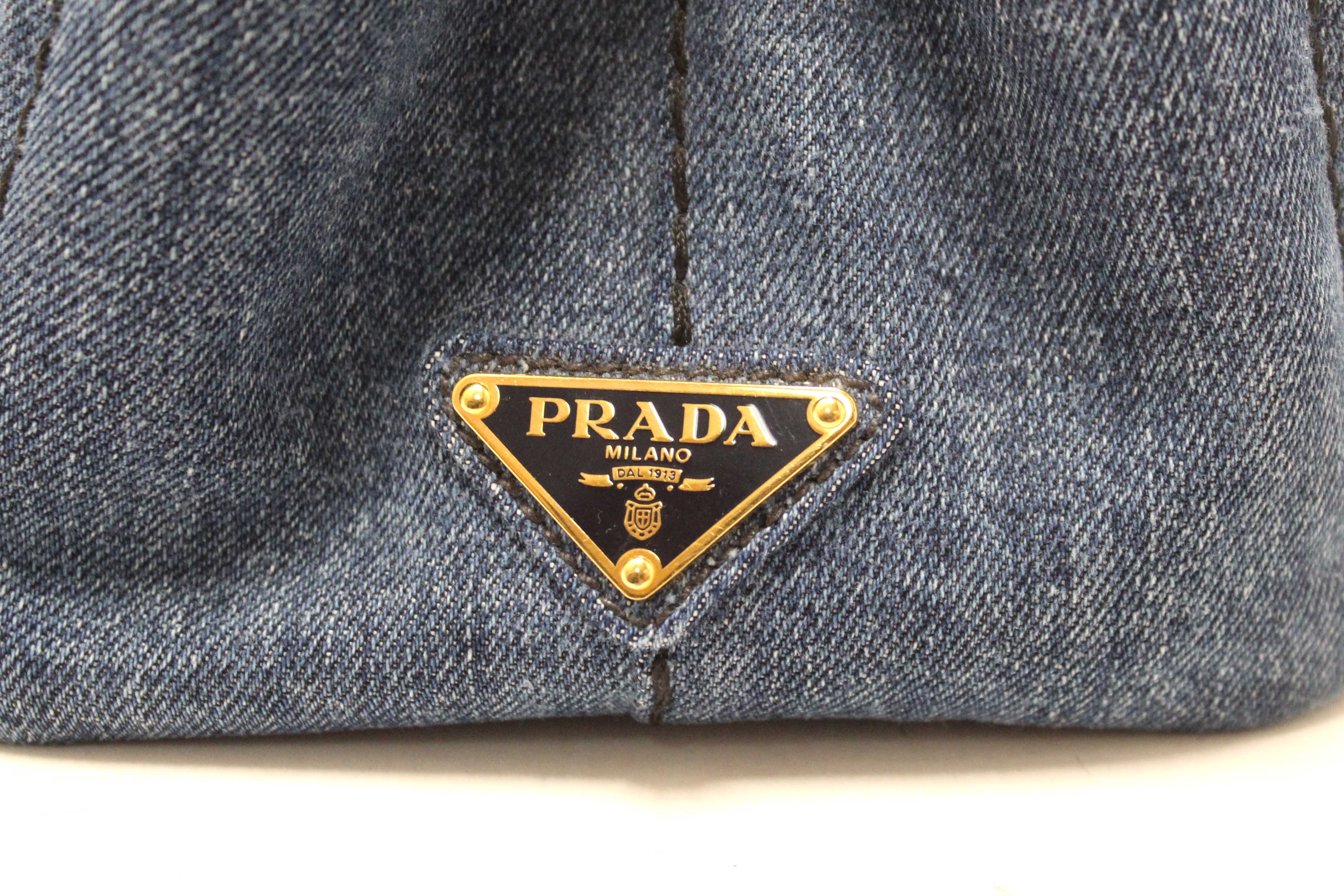 Authentic Prada Blue Denim Small Canapa Canvas Tote Bag With Long Strap
