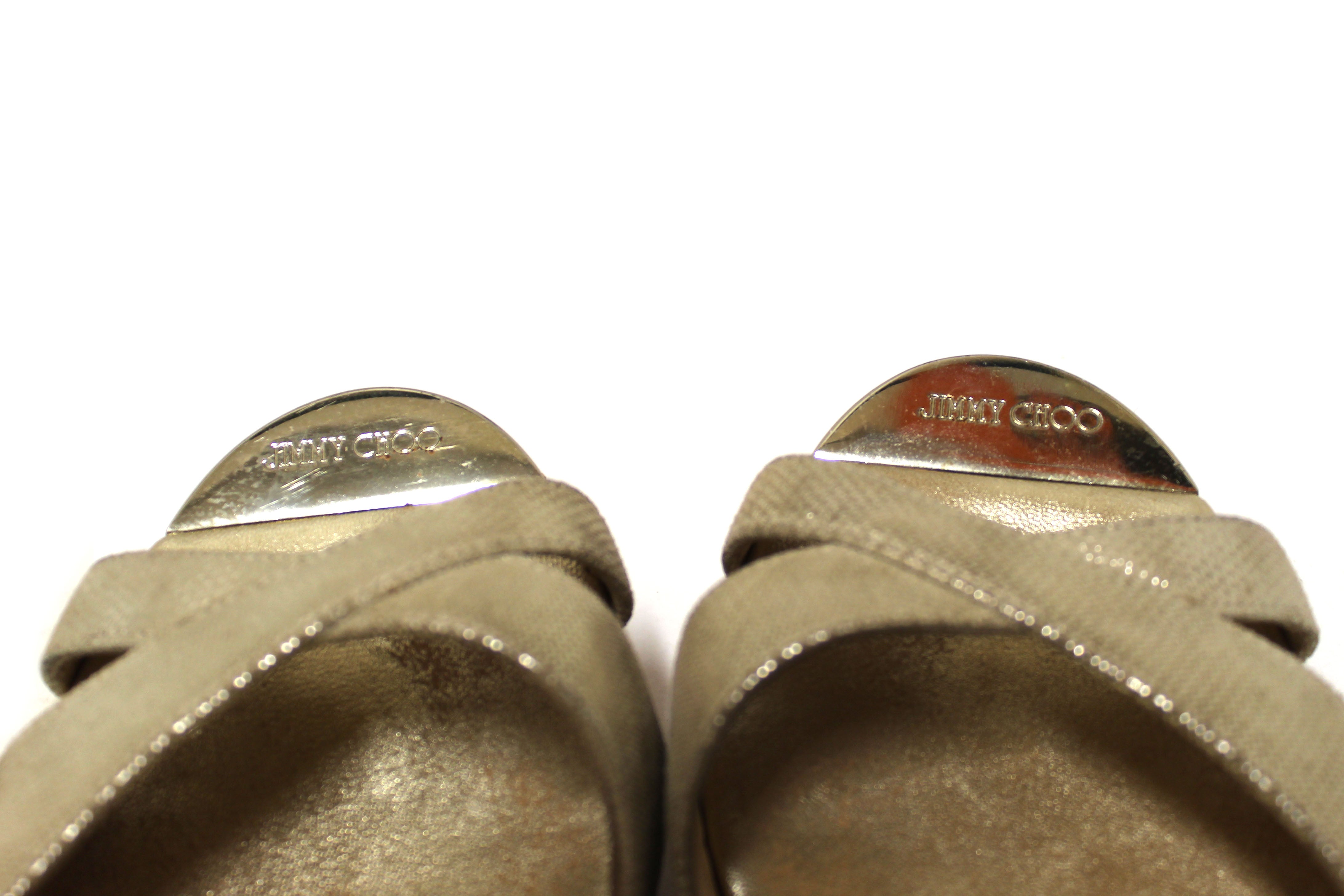 Jimmy Choo Gold Leather and Cork Wedge Platform Heel Shoes Size 38