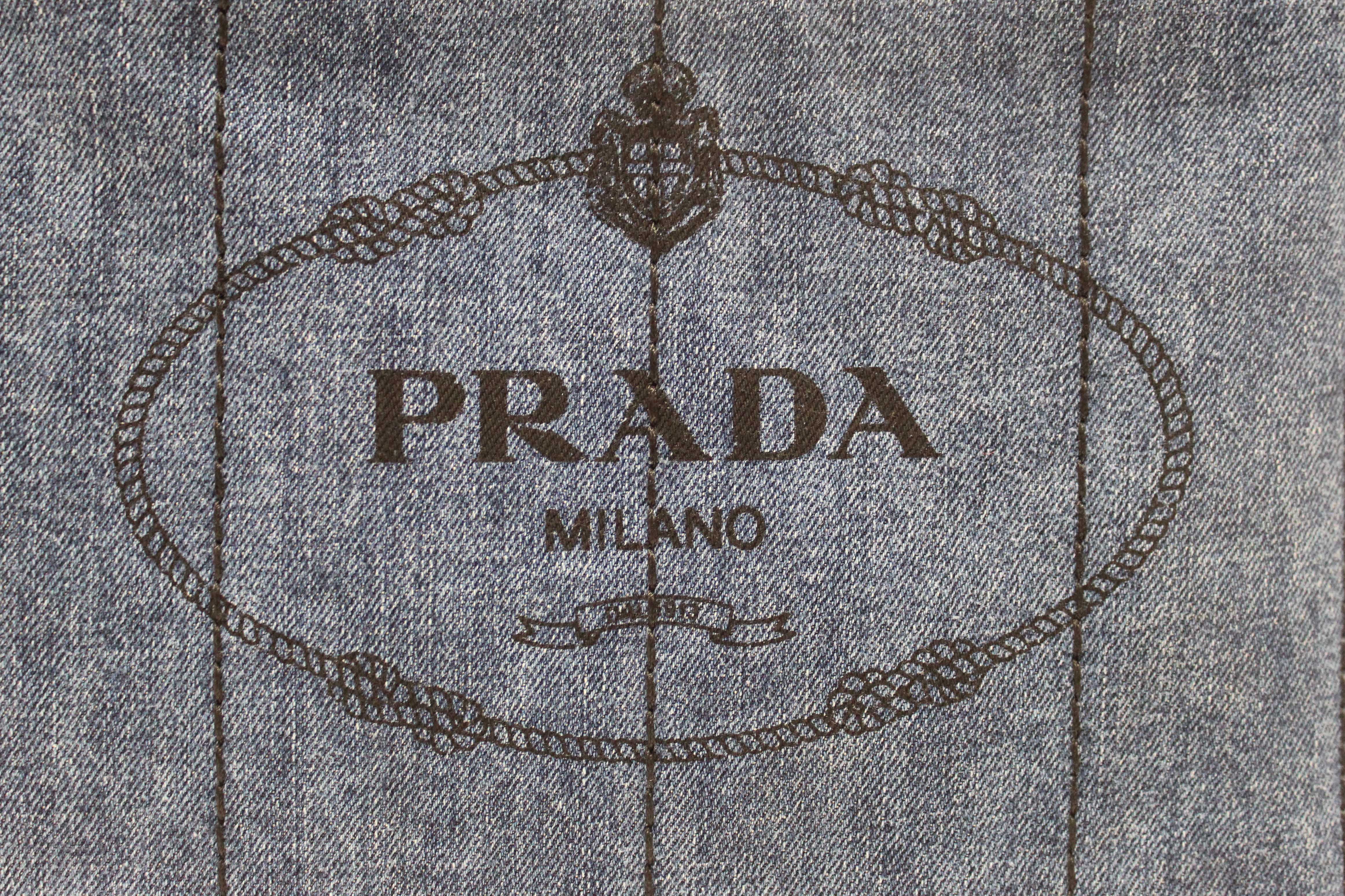 Authentic Prada Blue Denim Small Canapa Canvas Tote Bag With Long Strap