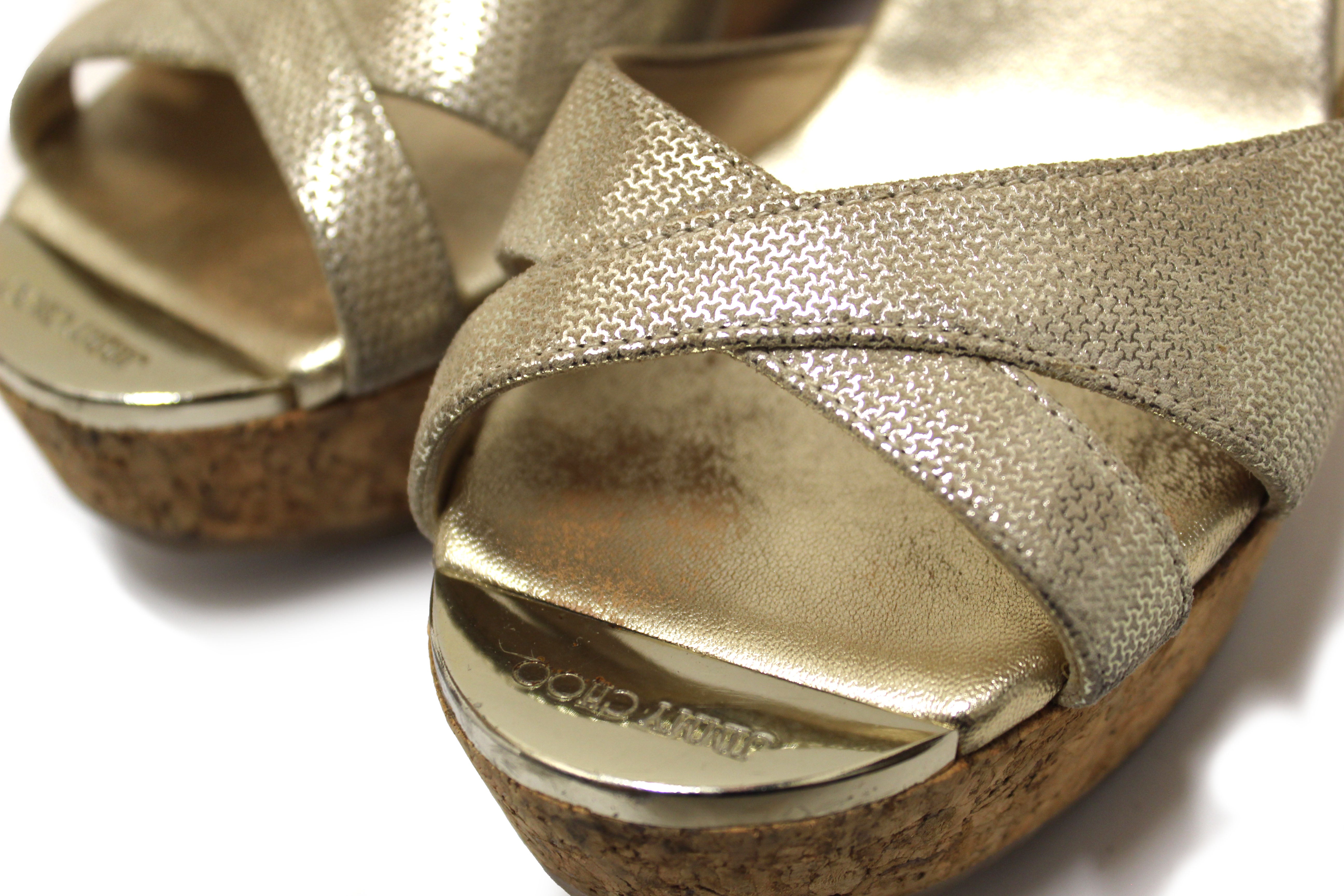Jimmy Choo Gold Leather and Cork Wedge Platform Heel Shoes Size 38