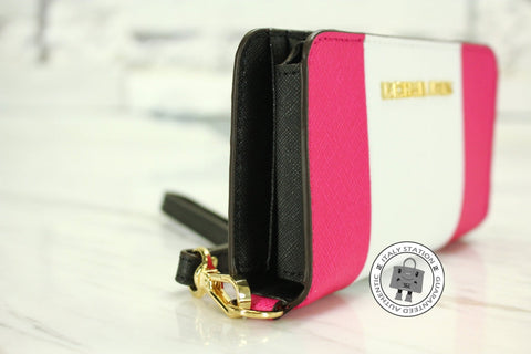 Michael Kors 32T4GJTZ1L JS Trvl Cntr Stripe Rasp+wht+blk Calfskin Short Wallet Ghw