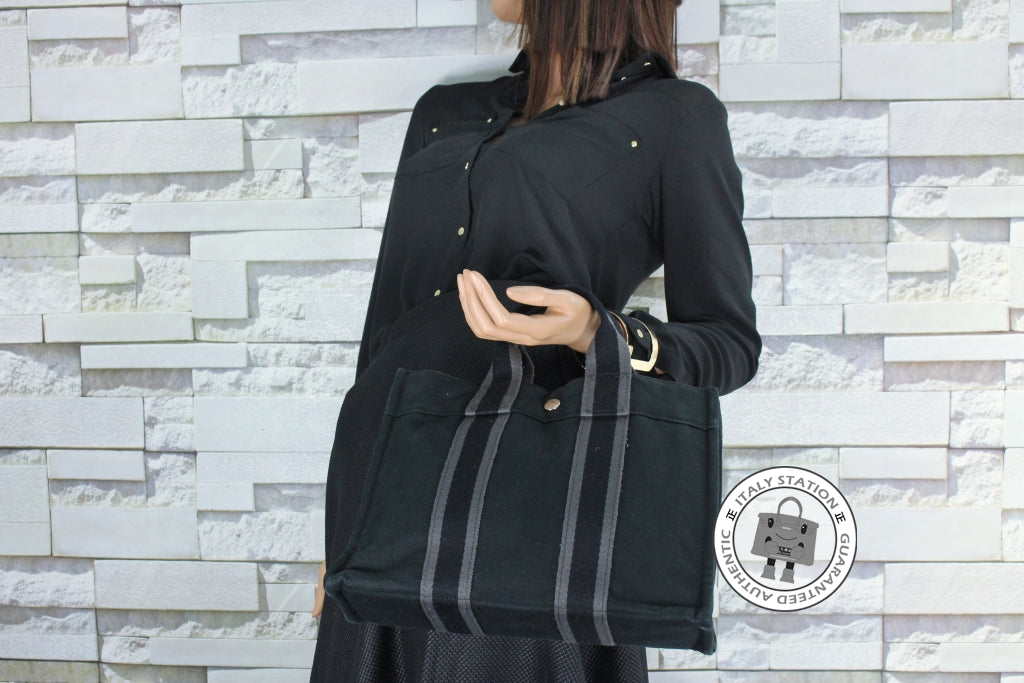 HERMES Hermes Herline Black Canvas Small Tote Bag Phw | Italystation.com - Shop Now at italystation.com