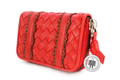 Bottega Veneta Intrecciato Woven Leather Red Lambskin Coin Purse Bkhw