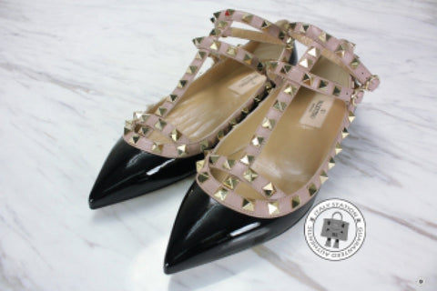 Valentino NW2S0376VNW Rockstud Ballerina With Strap N91 / Nero Poudre Calfskin 37 Flat Pbhw