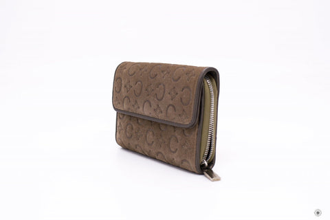 Celine Suede With Embossed Logo With Metallic Leather  Khaki Short Wallet