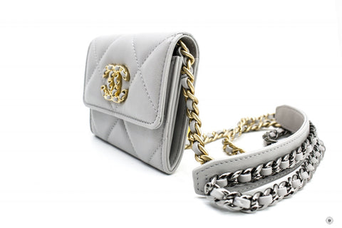 Chanel AP1787 B04852 19 Flap Coin Purse With Two Tones Gold And Gunmeta Light Grey / NC634 Lambskin Short Wallet Gbhw