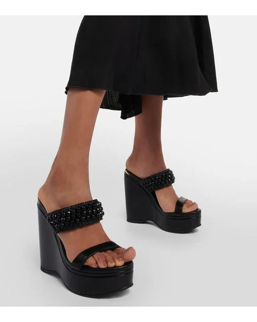 Jimmy Choo Black Leather Amoure Beaded Wedge Sandals Shoes Size 37