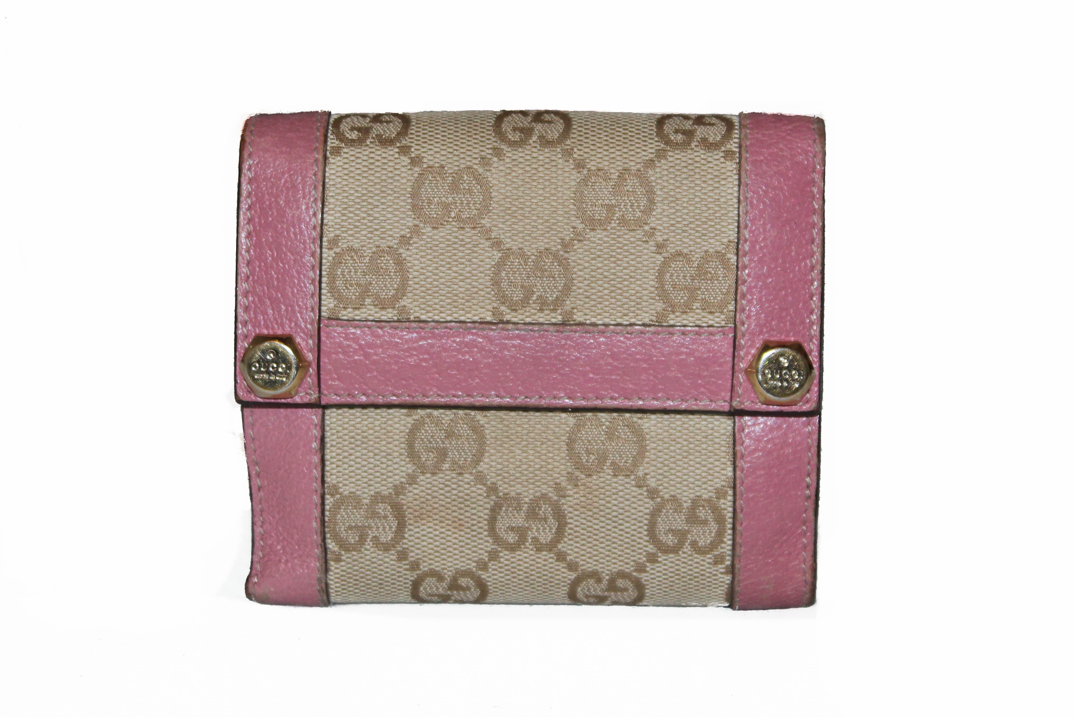 Authentic Gucci Beige GG Signature with Pink Leather Trim Small Wallet