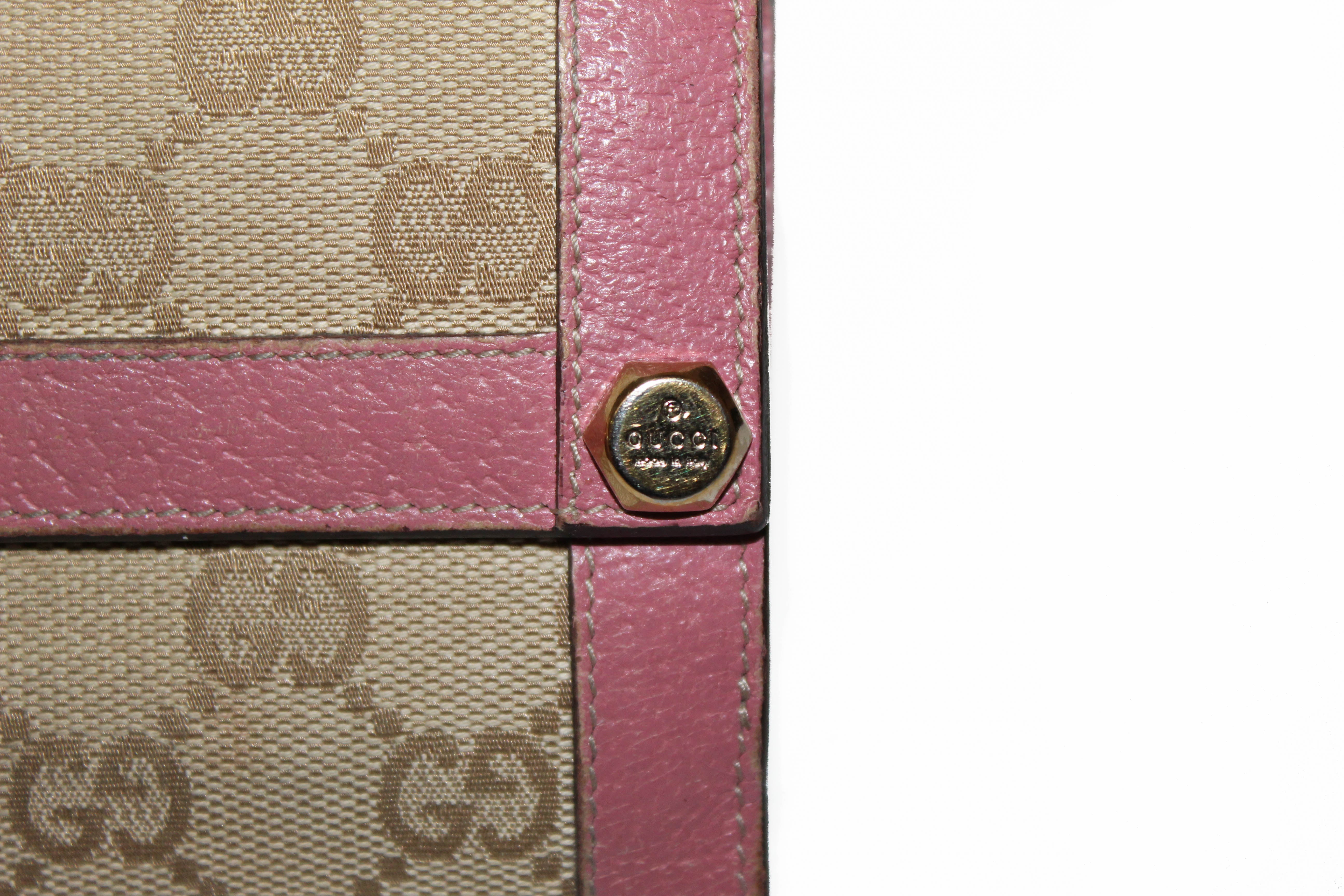 Authentic Gucci Beige GG Signature with Pink Leather Trim Small Wallet