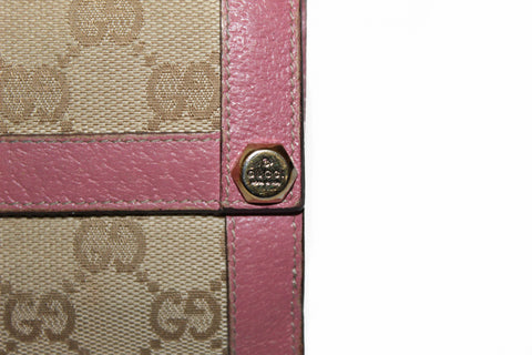 Authentic Gucci Beige GG Signature with Pink Leather Trim Small Wallet