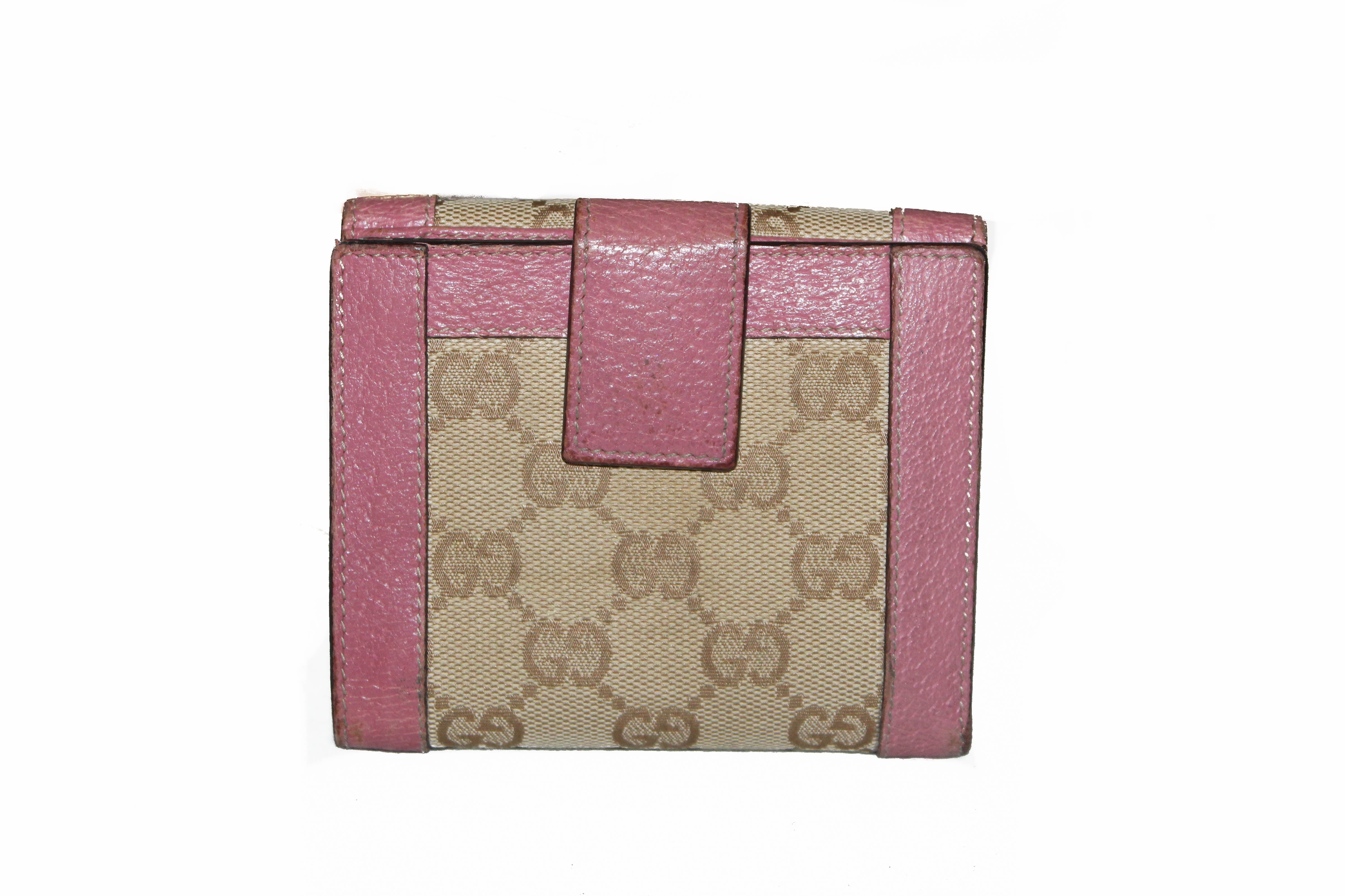 Authentic Gucci Beige GG Signature with Pink Leather Trim Small Wallet