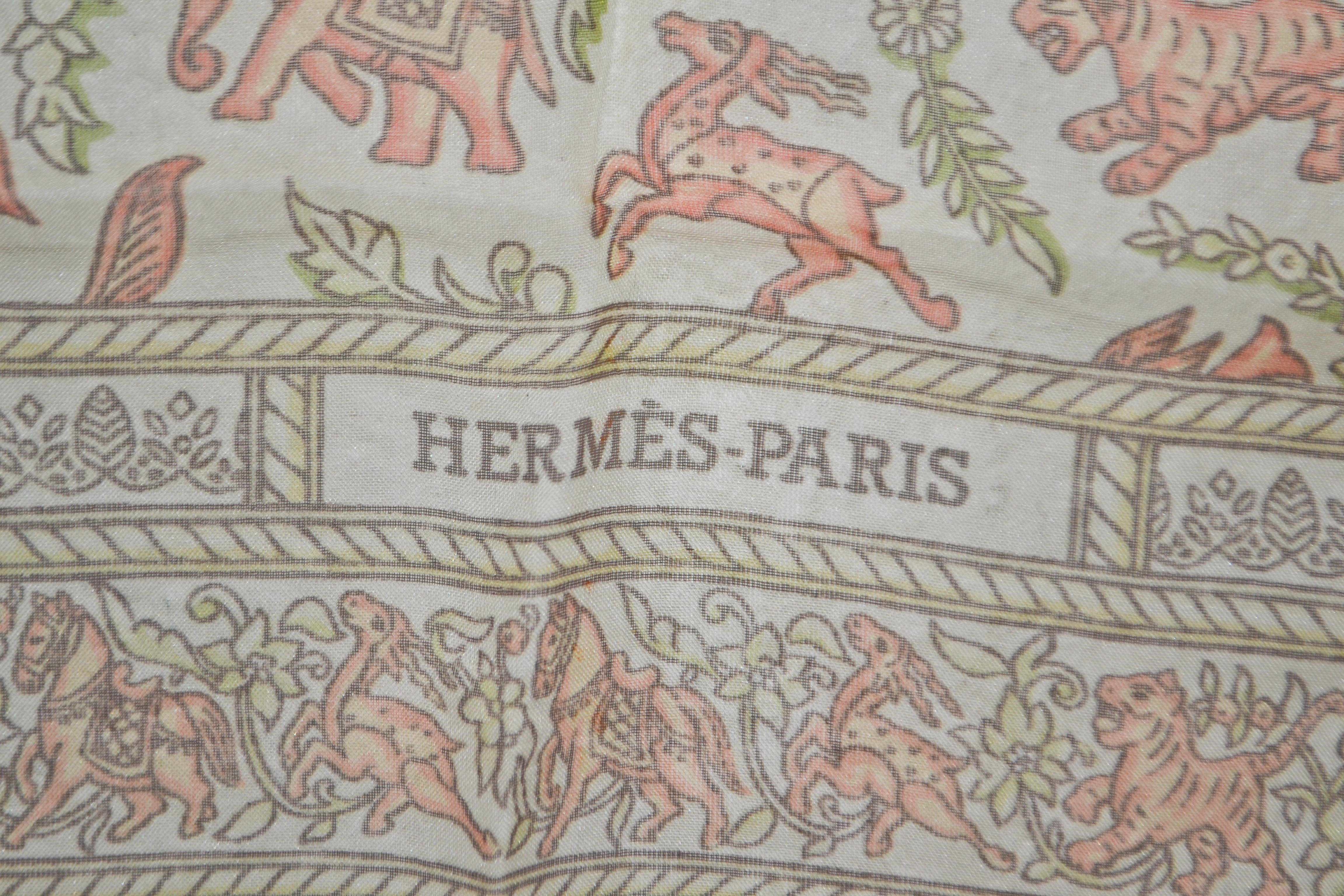 Authentic Hermes Beige Horse "Chasse En Inde" 100% Mousseline Silk Scarf 36" 90cm