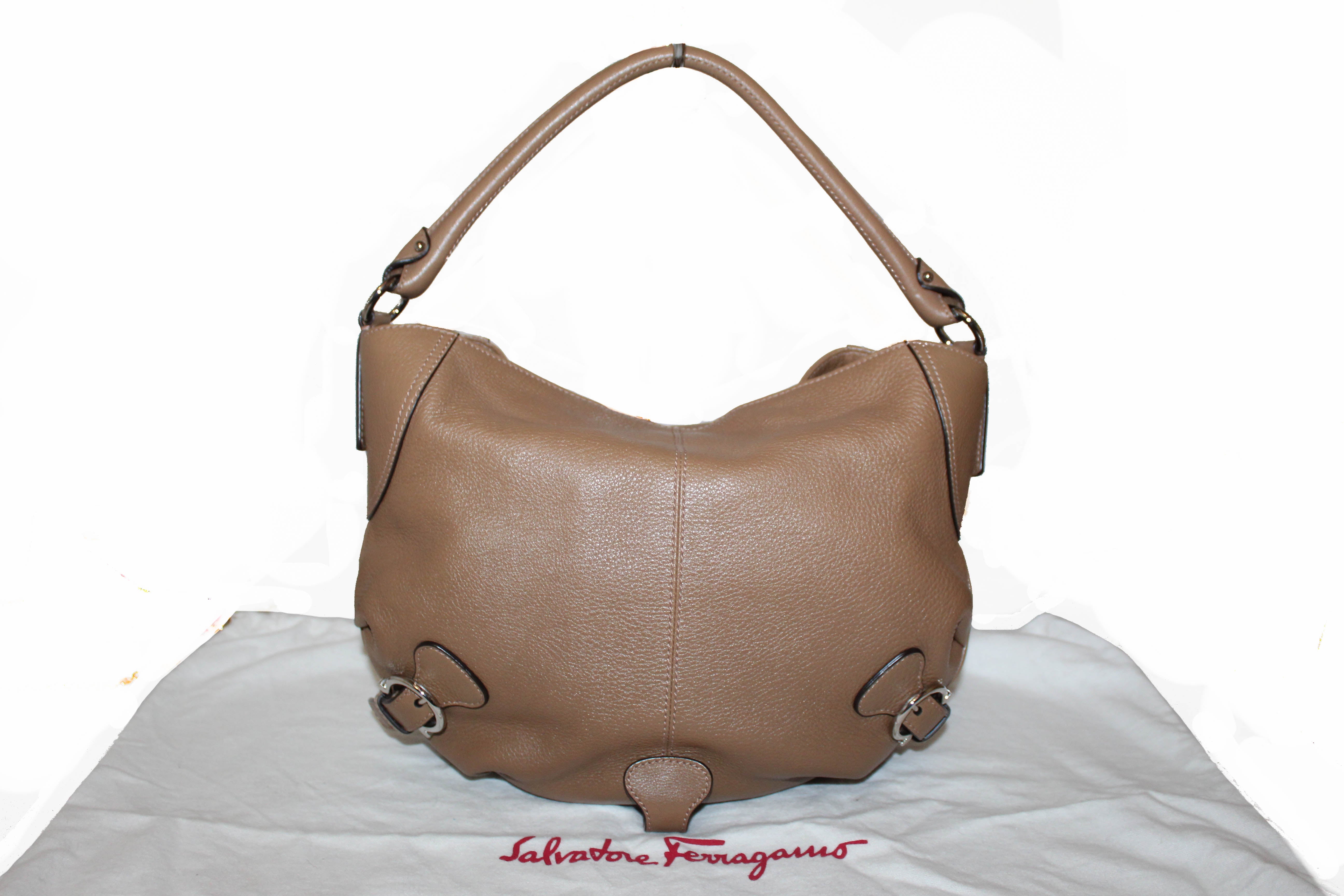 Authentic Salvatore Ferragamo Brown Calfskin Leather Hobo Bag