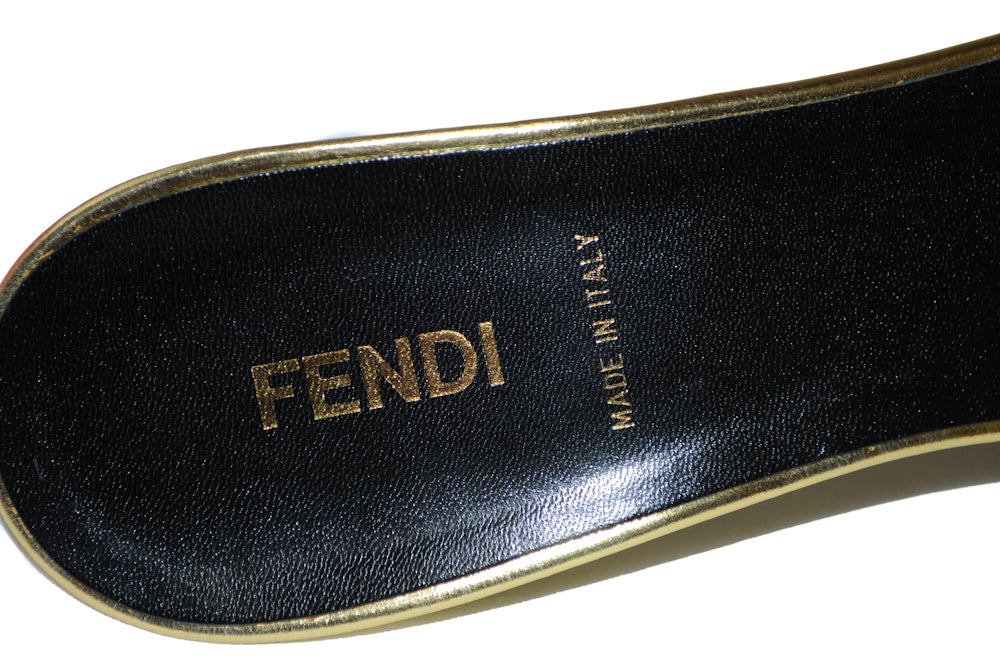 Authentic Fendi Metallic Gold Leather Slip On Sandals Sz 38.5