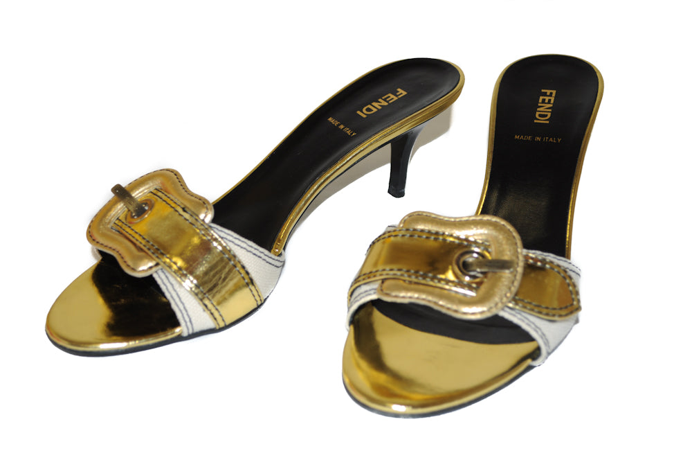 Authentic Fendi Metallic Gold Leather Slip On Sandals Sz 38.5