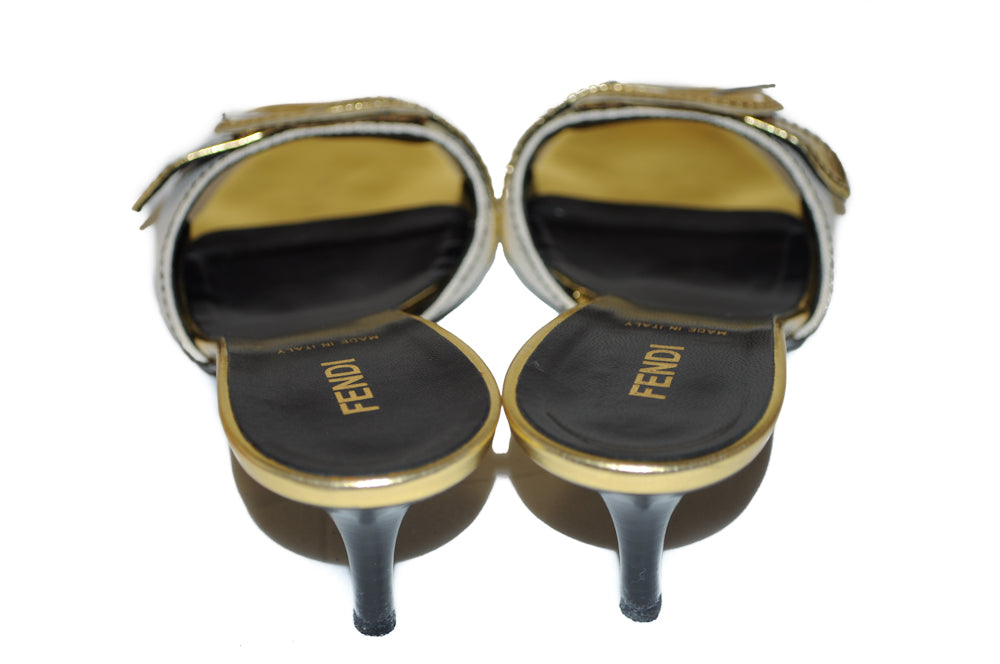 Authentic Fendi Metallic Gold Leather Slip On Sandals Sz 38.5