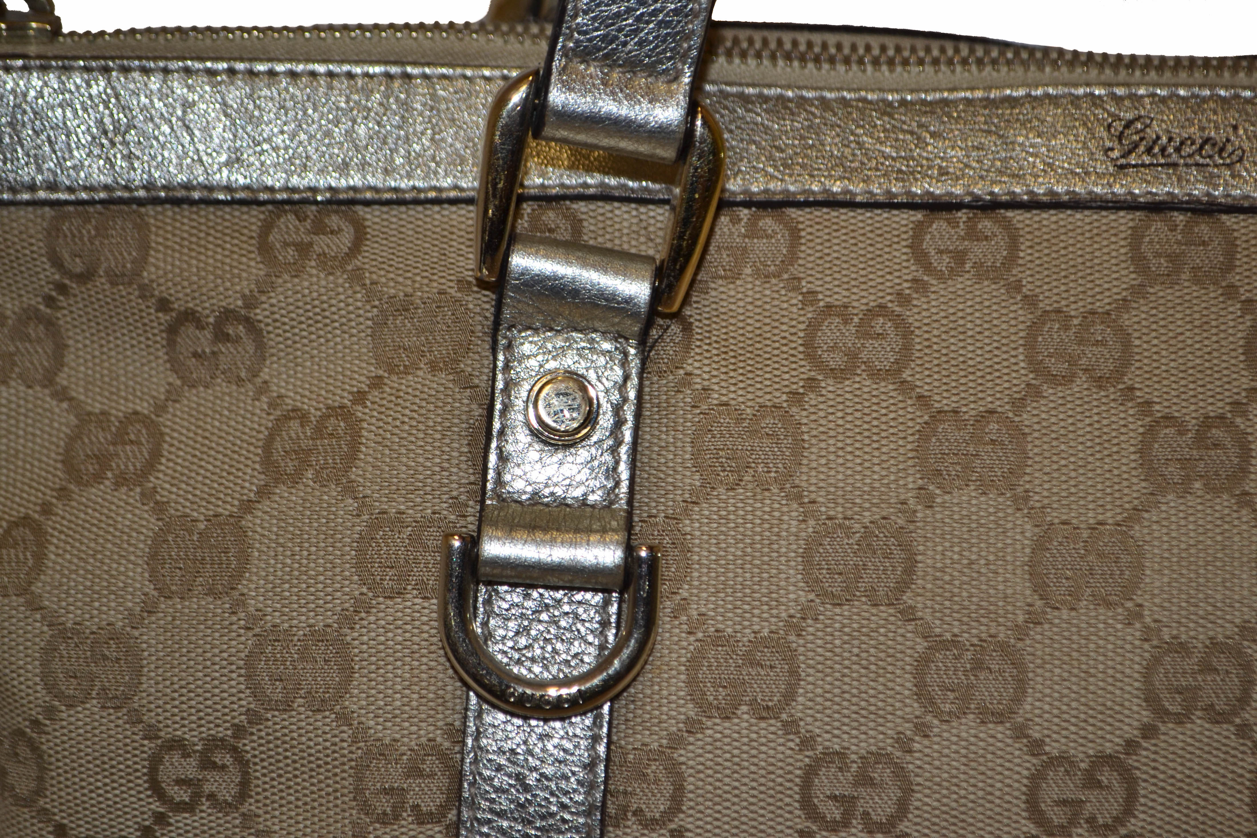 Authentic Gucci Metallic Gold Leather with Beige GG Monogram Canvas Small Tote Bag